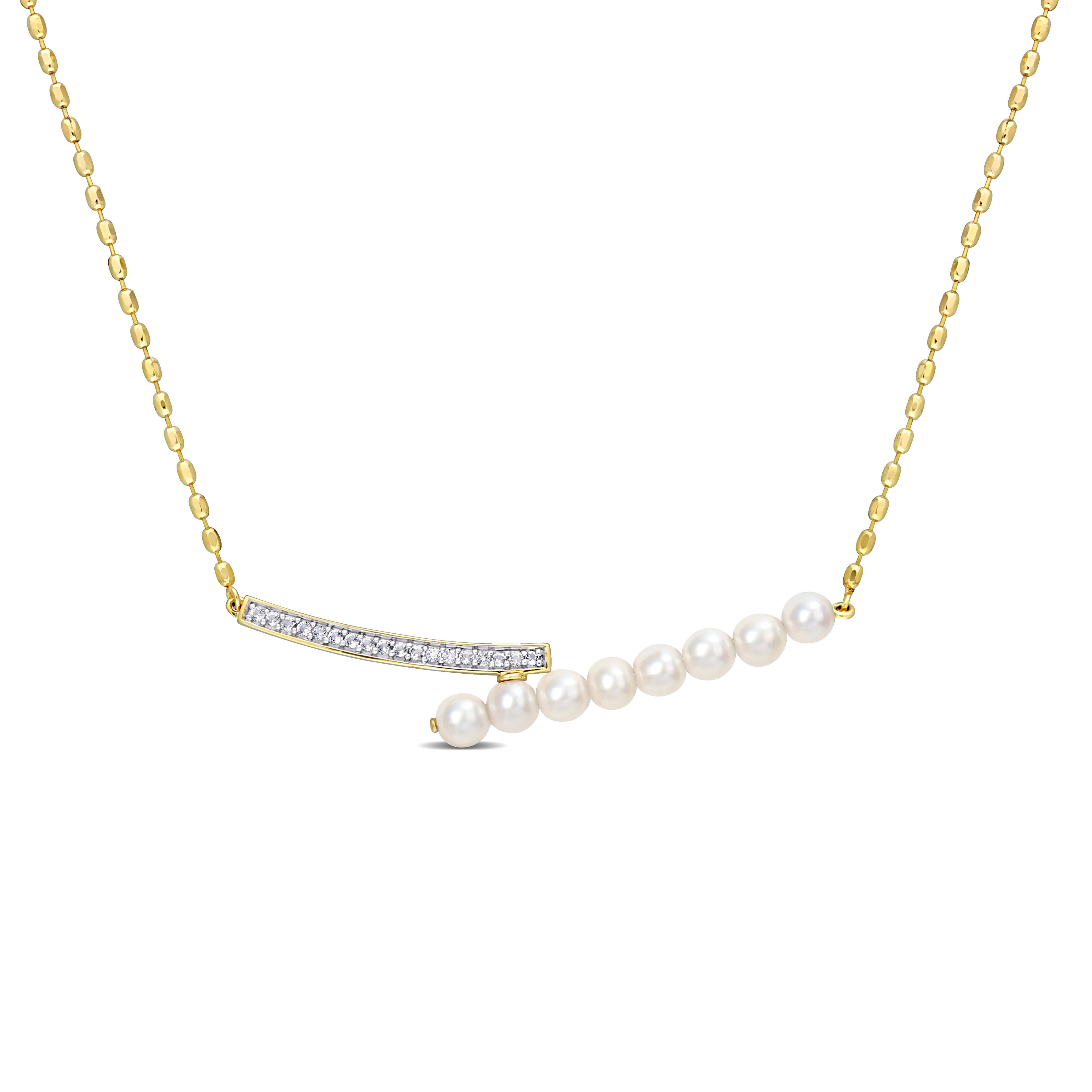 4-4.5 MM White Freshwatear Pearl and 1/5 CT TGW White Topaz Barc Necklace in Yellow Plated Sterling Silver - 18 in.