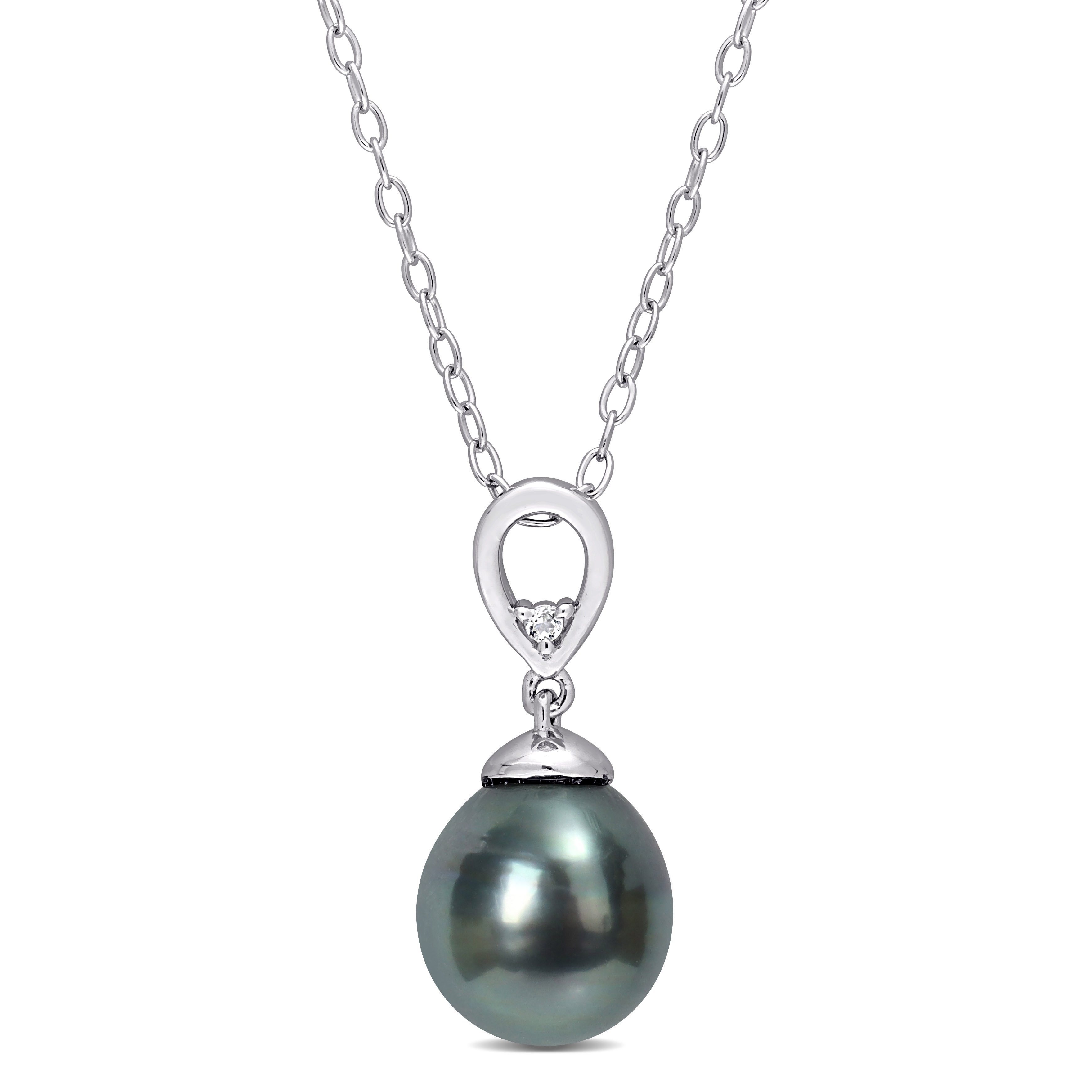 8-9 MM Black Tahitian Cultured Pearl and White Topaz Drop Pendant with Chain in Sterling Silver - 18 in.