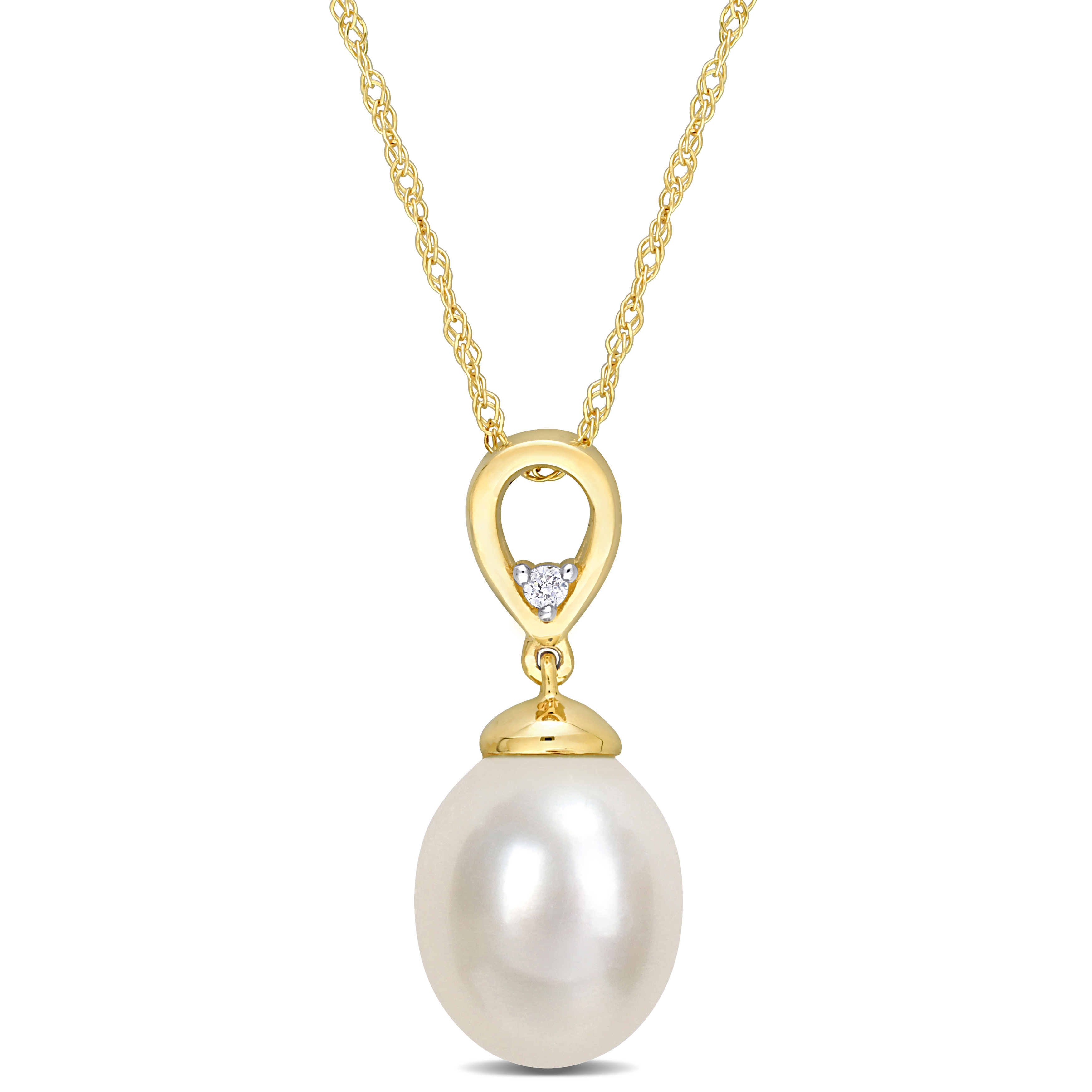 8.5-9 MM Cultured Freshwater Pearl and Diamond Accent Drop Pendant with Chain in 10k Yellow Gold - 17 in.
