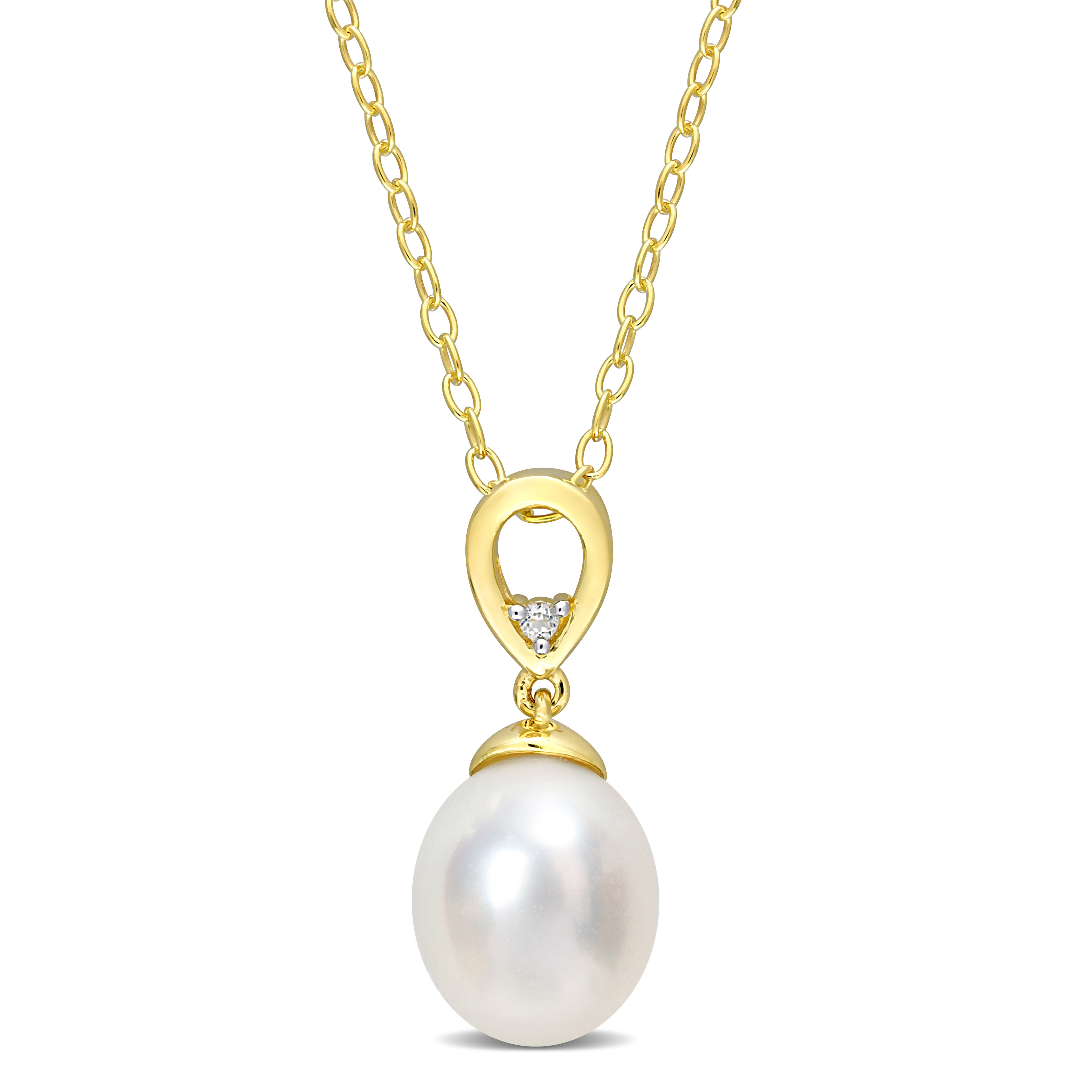 8-9 MM South Sea Cultured Pearl and White Topaz Drop Pendant with Chain in Yellow Plated Sterling Silver - 18 in.