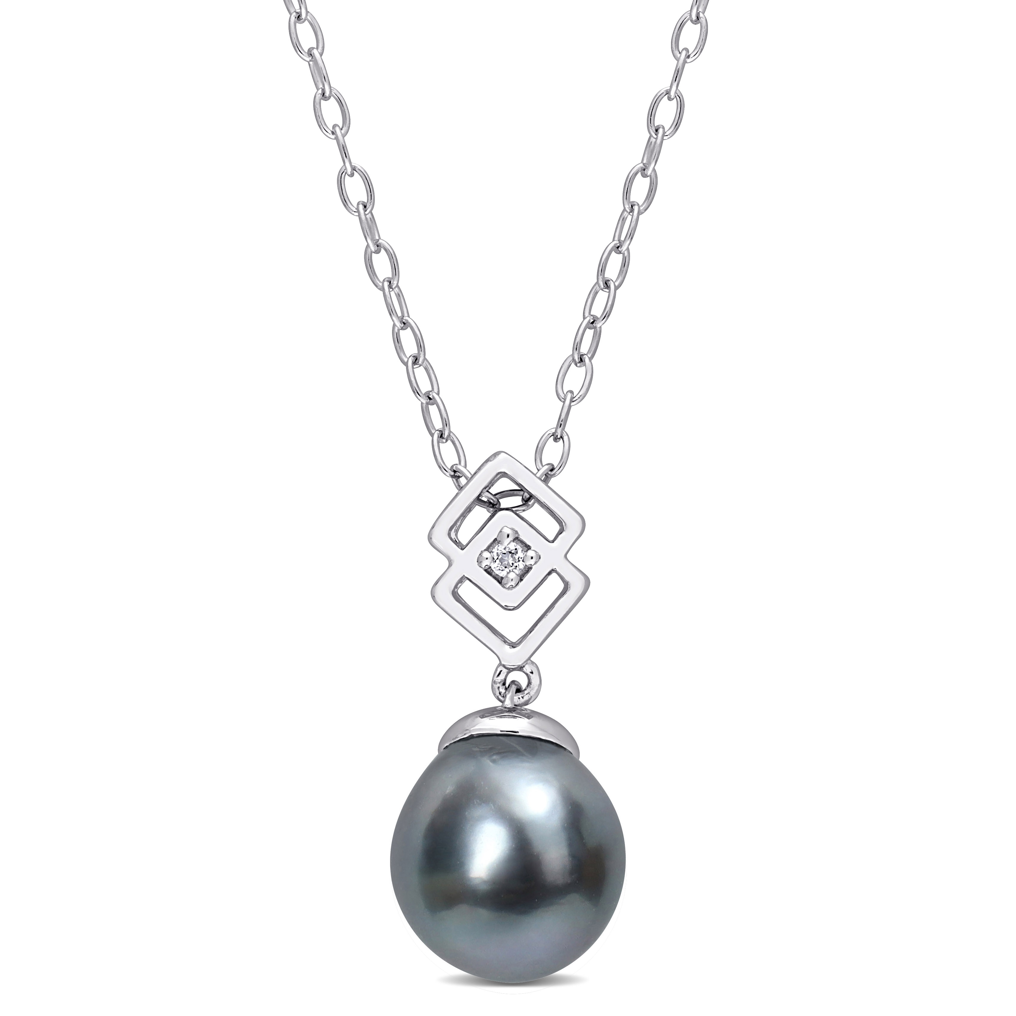 8-9 MM Black Tahitian Cultured Pearl and White Topaz Lozenge Drop Pendant with Chain in Sterling Silver