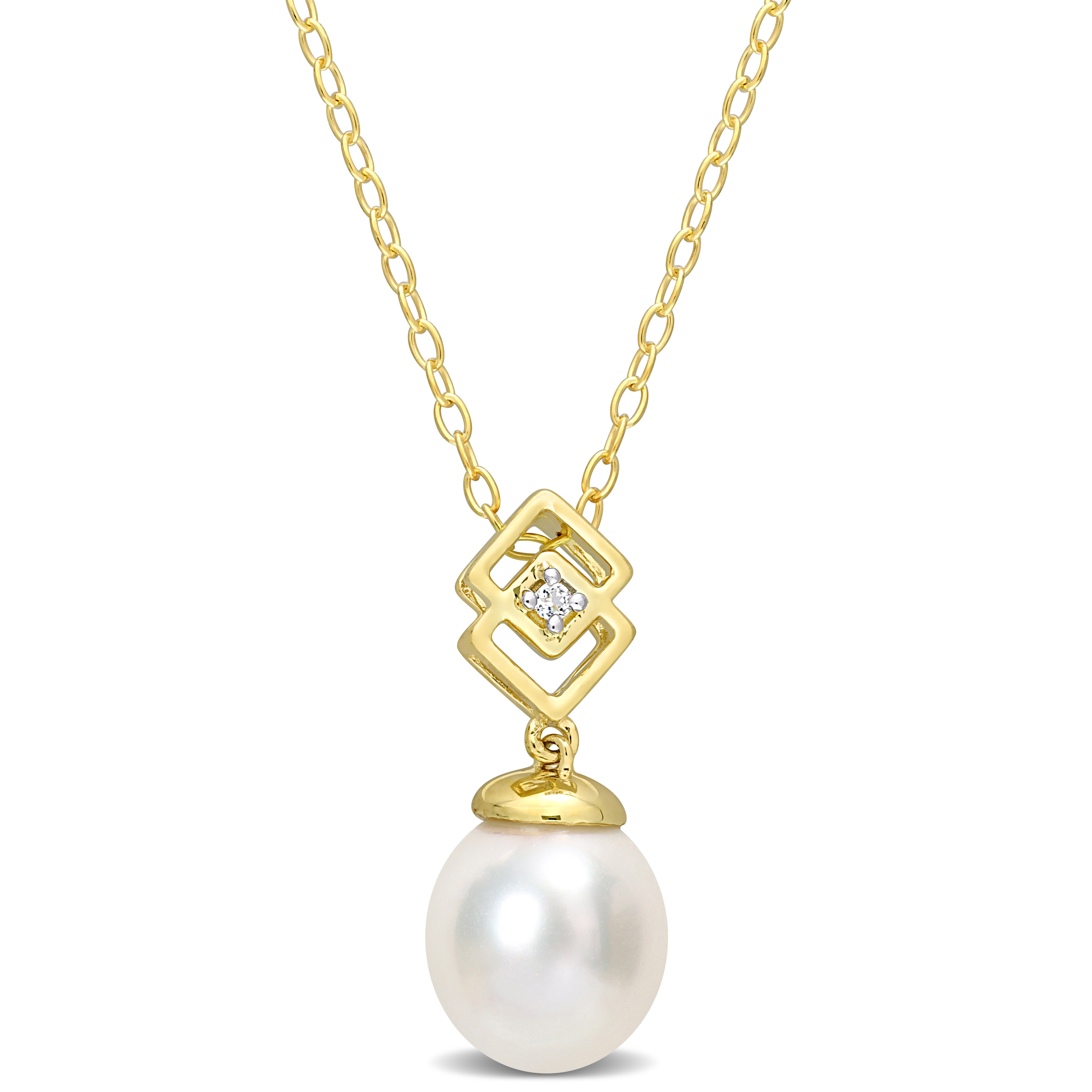 8-9 MM South Sea Cultured Pearl and White Topaz Drop Pendant with Chain in Yellow Plated Sterling Silver - 18 in.