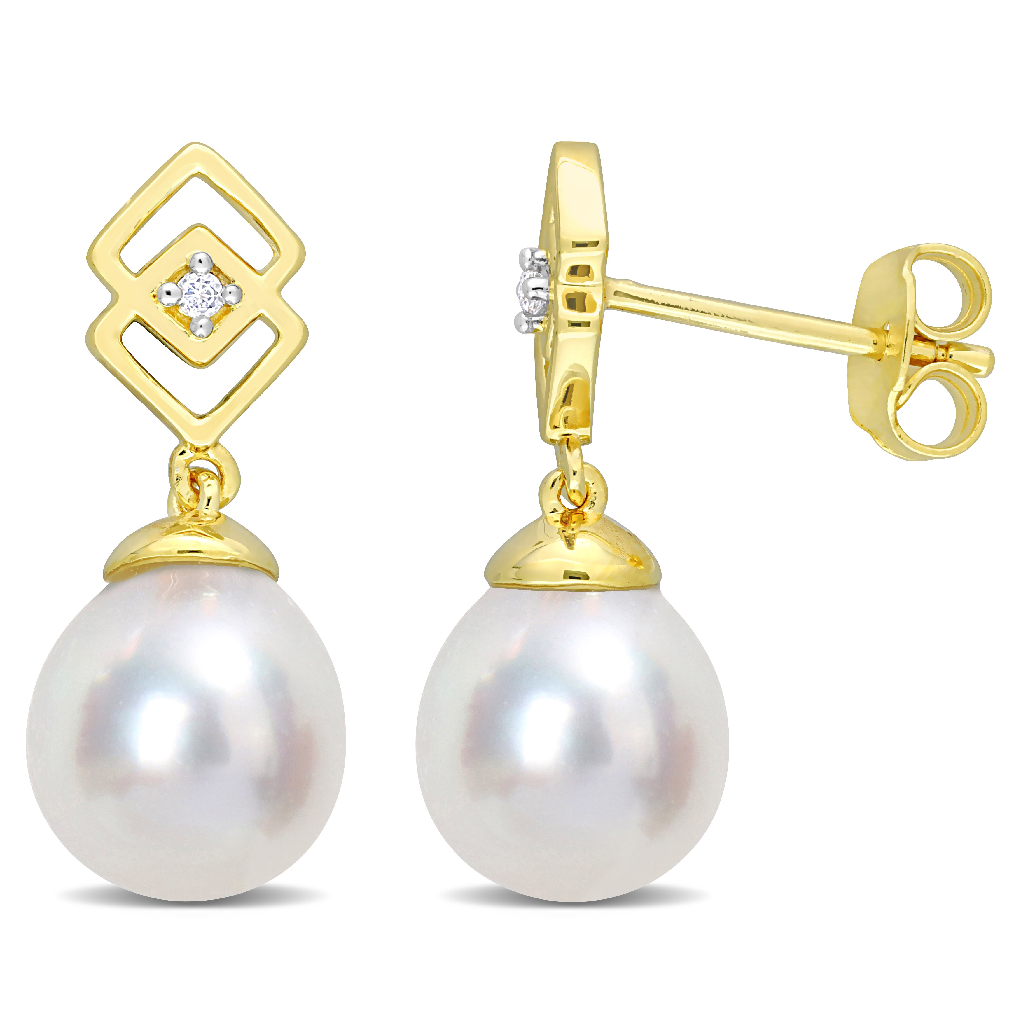 8-9 MM South Sea Cultured Pearl and White Topaz Drop Earrings in Yellow Plated Sterling Silver