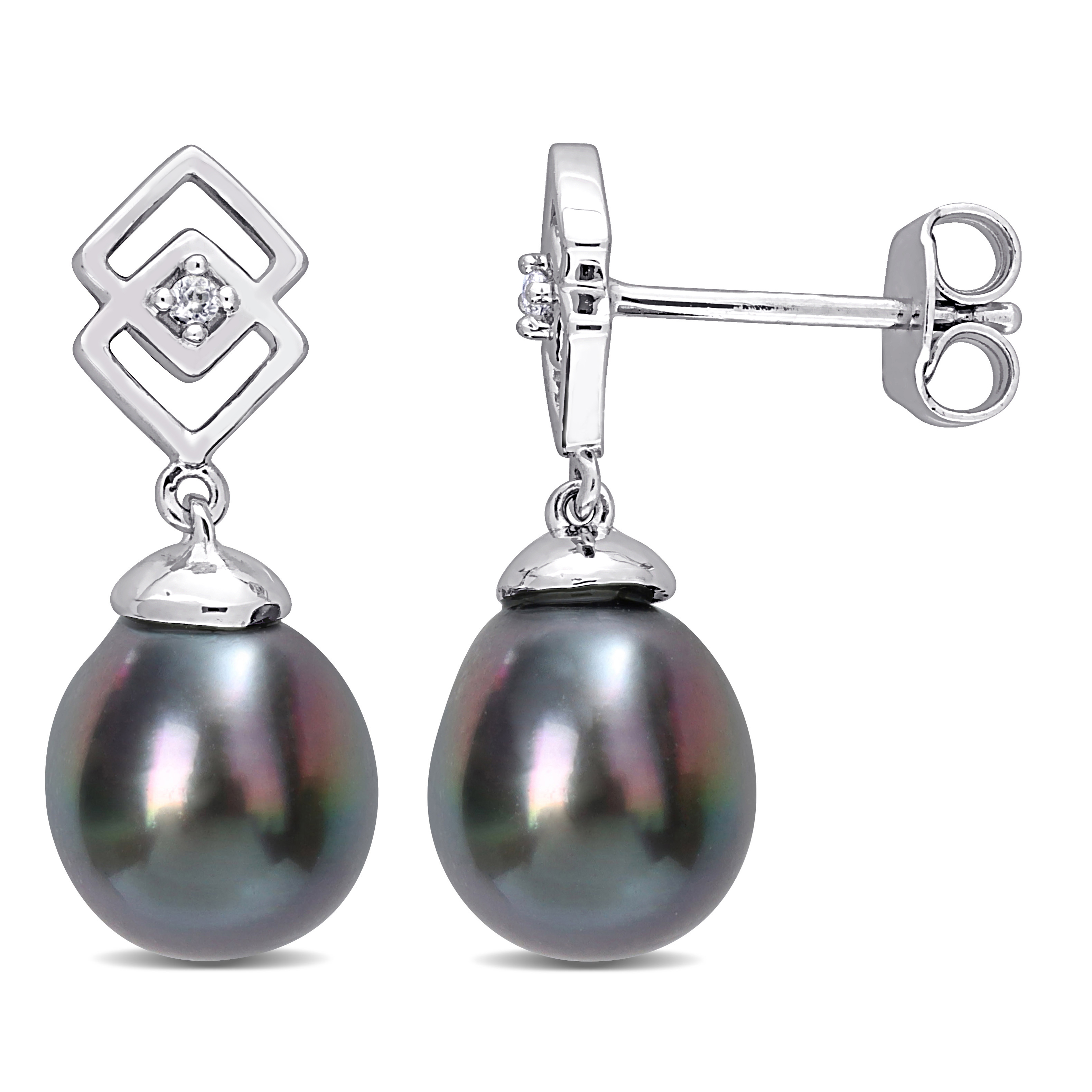 8-9 MM Black Tahitian Cultured Pearl and White Topaz Drop Earrings in Sterling Silver