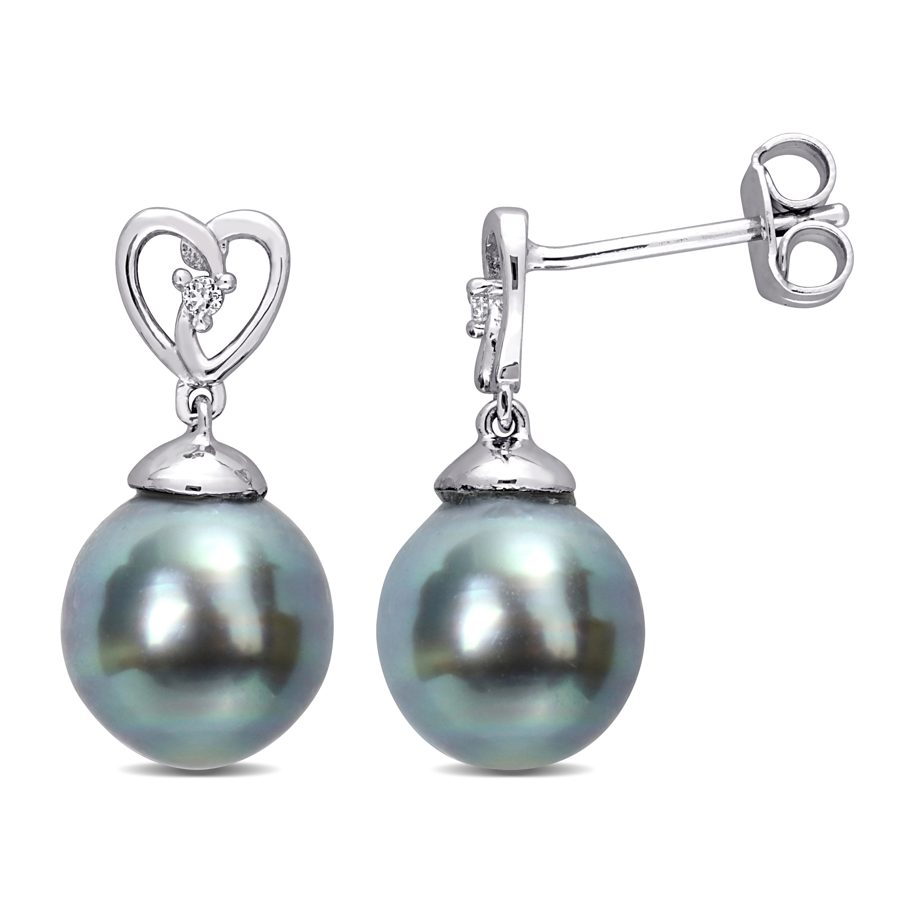8-9 MM Black Tahitian Cultured Pearl and White Topaz Drop Earrings in Sterling Silver