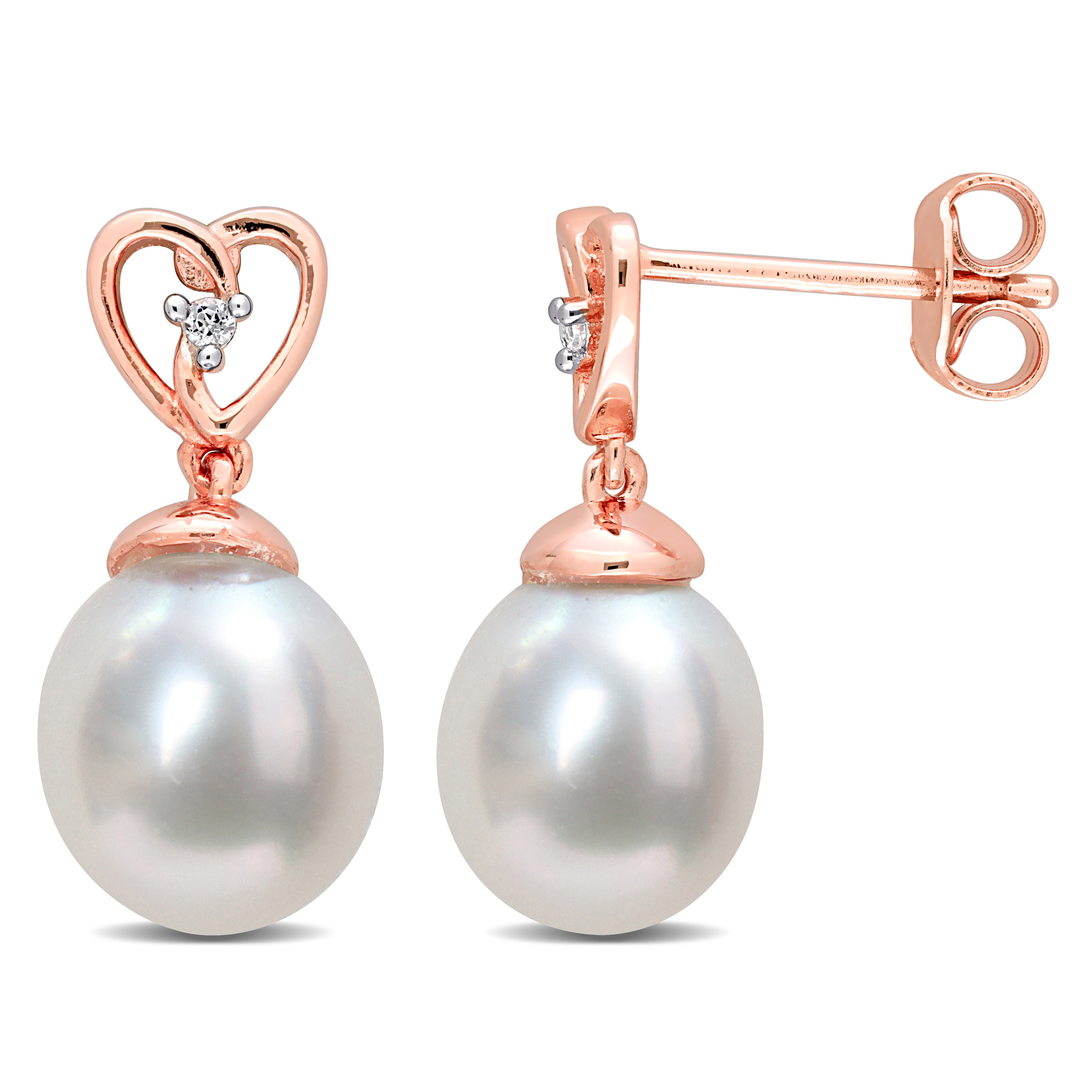 8-9 MM South Sea Cultured Pearl and White Topaz Drop Earrings in Rose Plated Sterling Silver