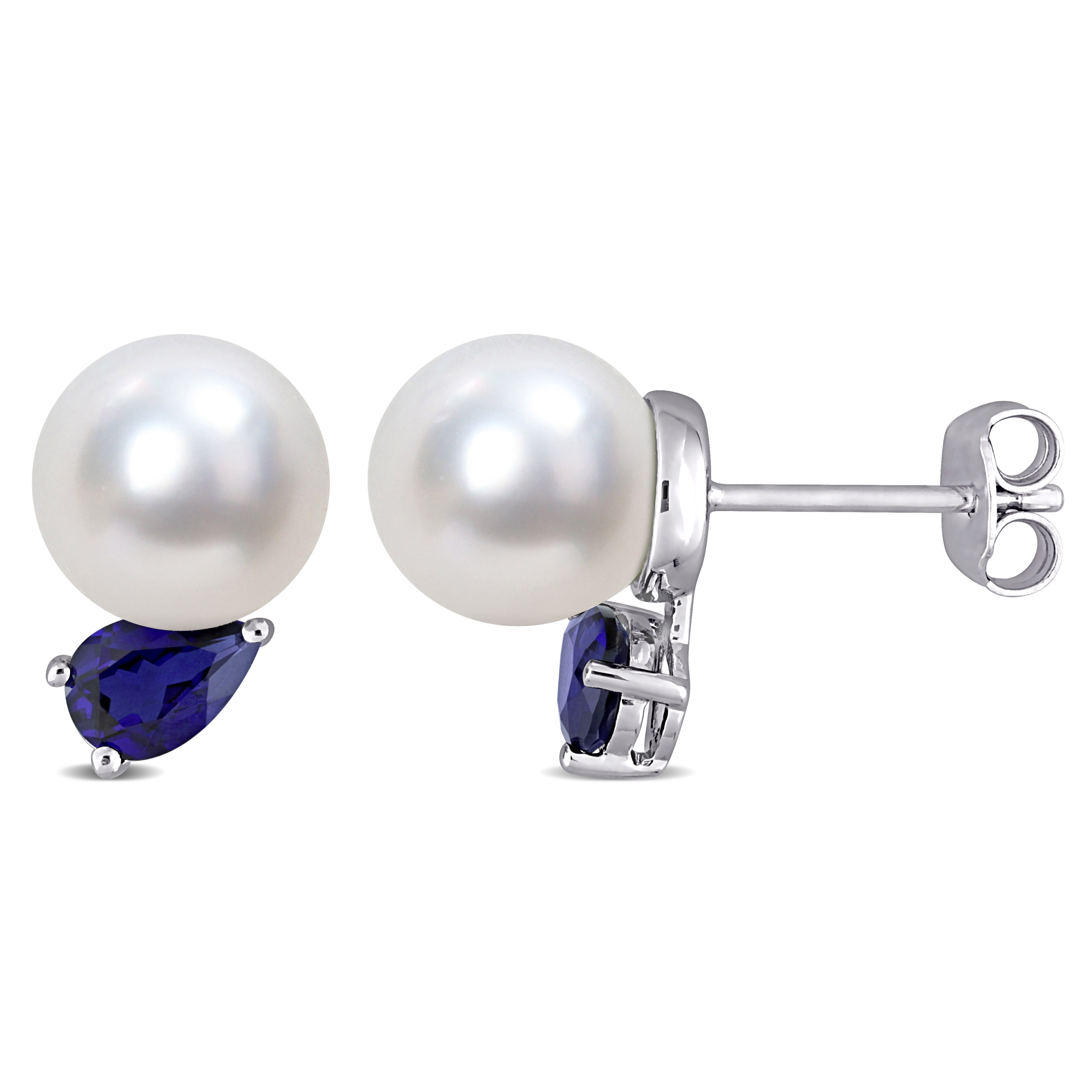 8-9 MM South Sea Cultured Pearl and 1 1/3 CT TGW Created Blue Sapphire Stud Earrings in Sterling Silver