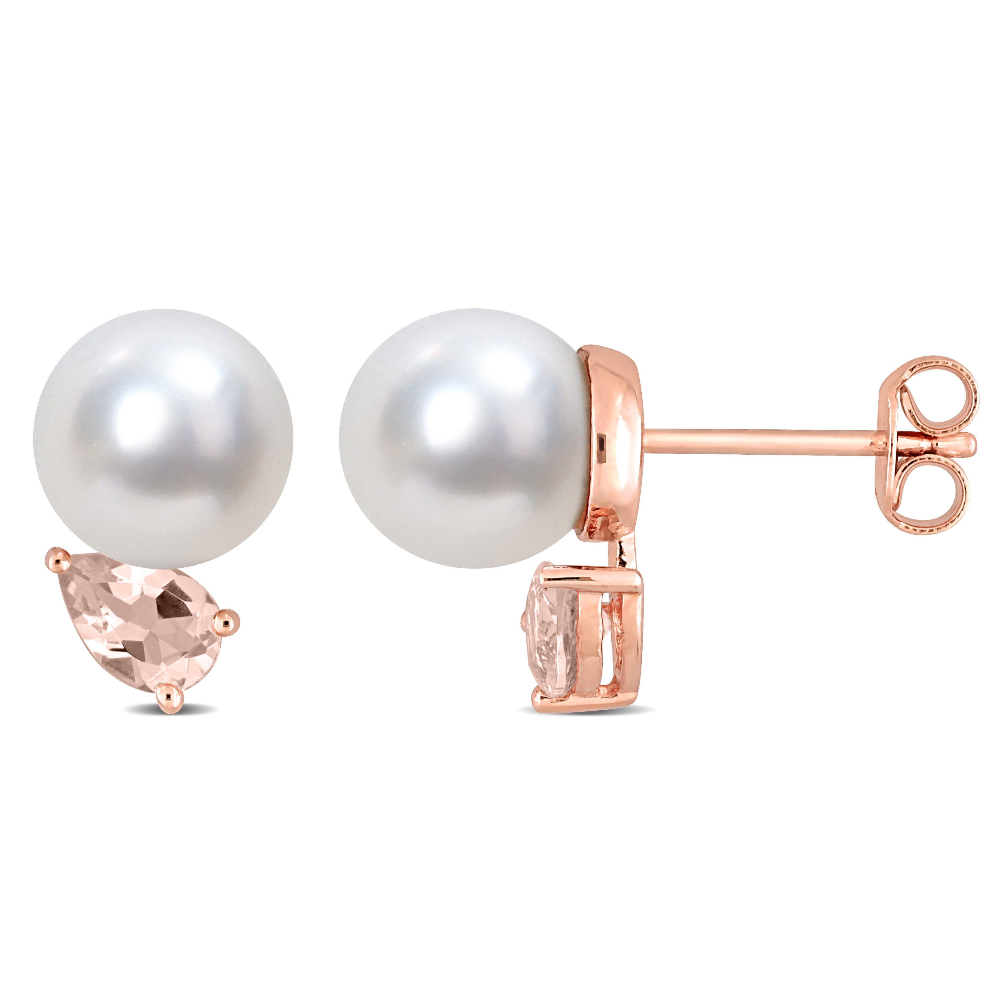 8-9 MM South Sea Cultured Pearl and 4/5 CT TGW Morganite Stud Earrings in Rose Plated Sterling Silver