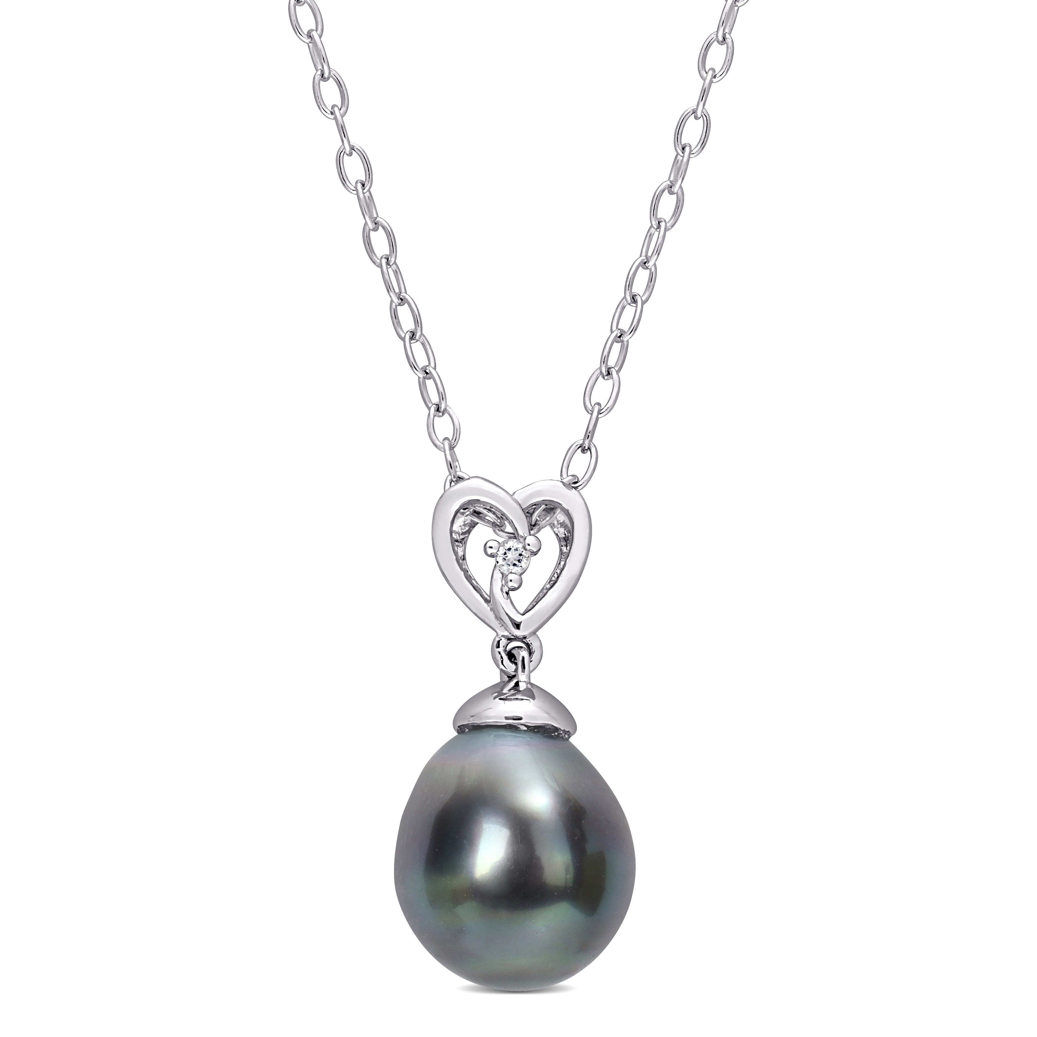 8-9 MM Black Tahitian Cultured Pearl and White Topaz Heart Drop Pendant with Chain in Sterling Silver - 18 in.