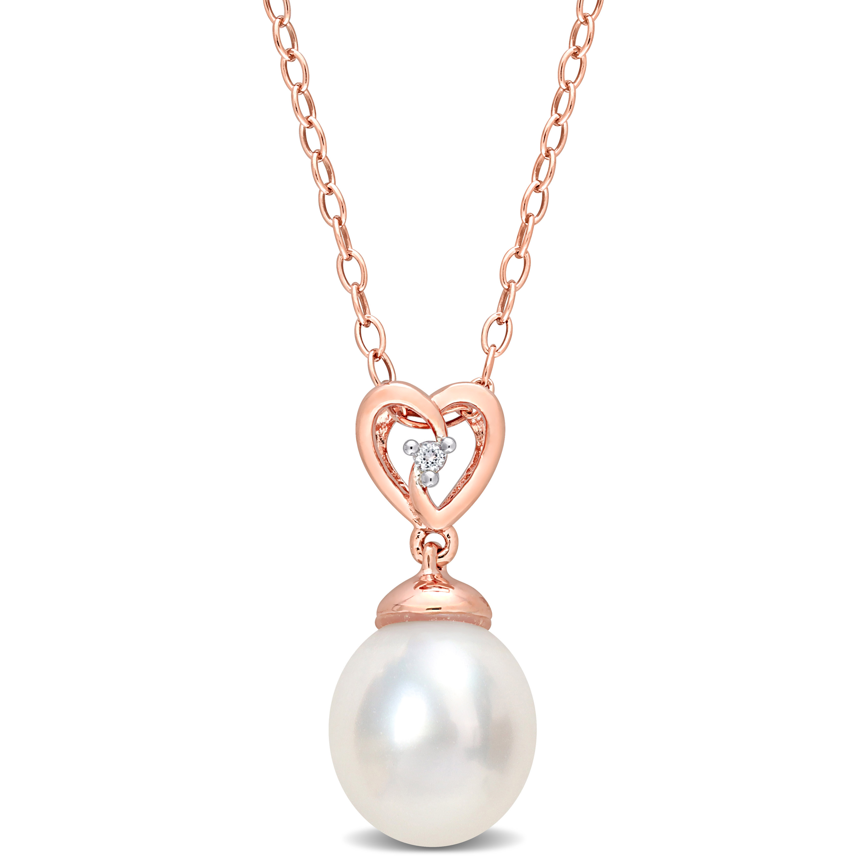 8-9 MM South Sea Cultured Pearl and White Topaz Drop Pendant with Chain in Rose Plated Sterling Silver - 18 in.