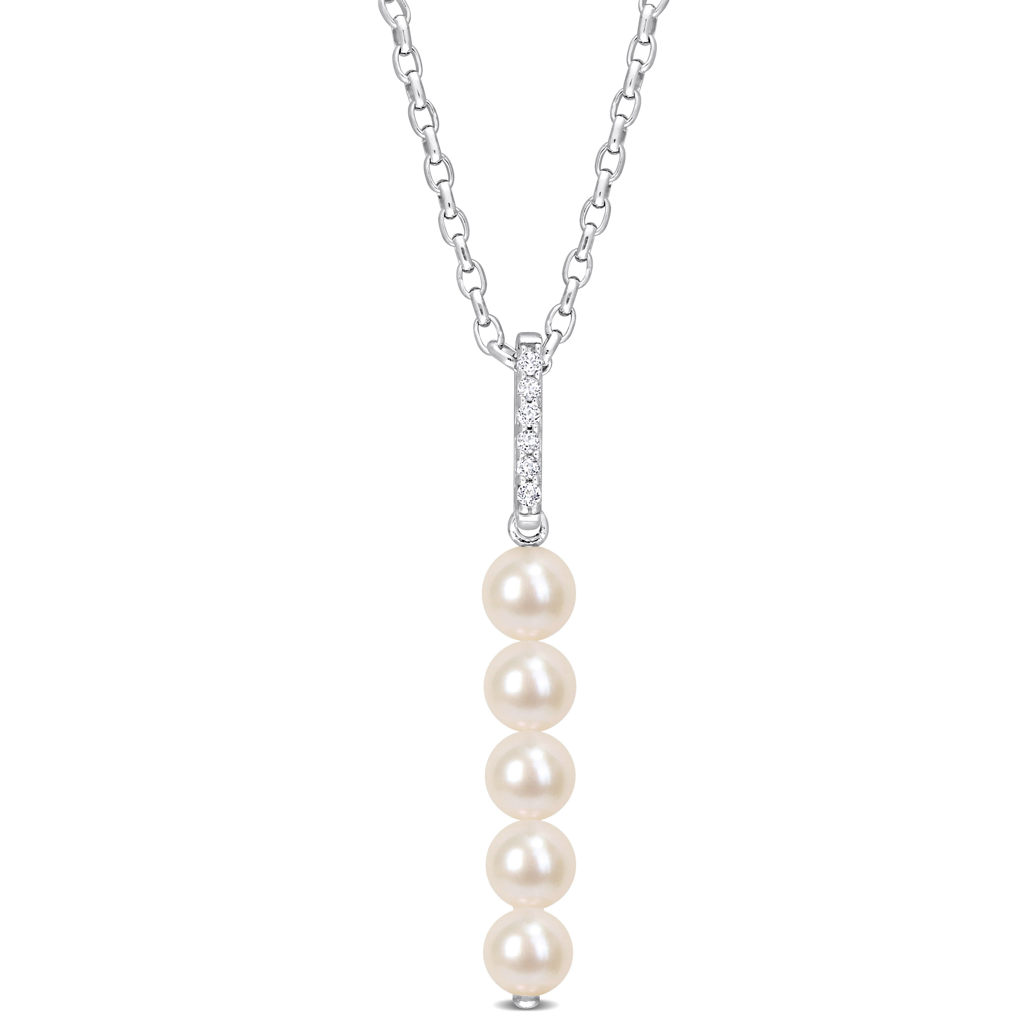 5.5-6 MM Freshwater Cultured Pearl and 1/5 CT TGW White Topaz Drop Pendant with Chain in Sterling Silver - 18 in.