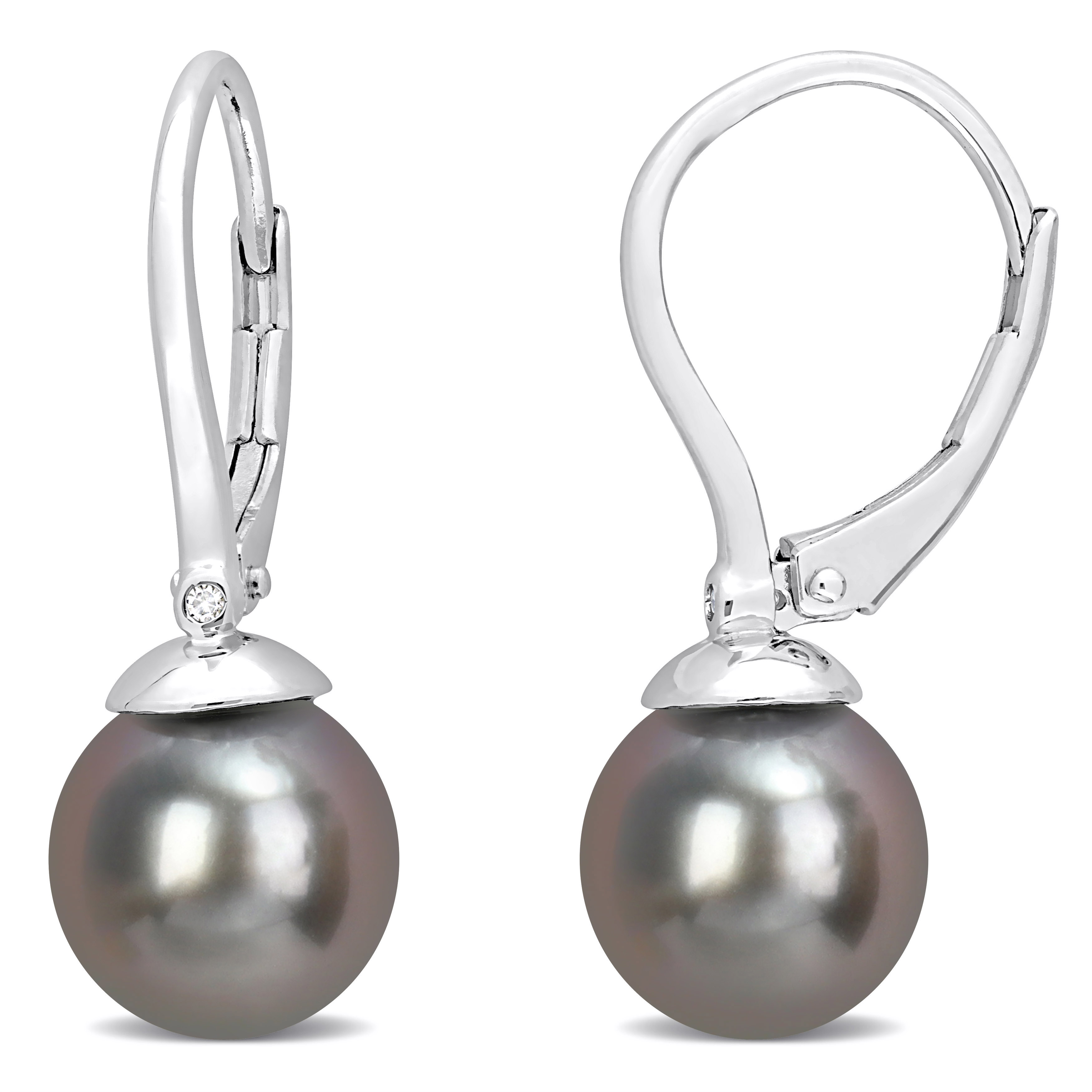 8-8.5 MM Black Tahitian Cultured Pearl & Diamond Accent Leverback Earrings in Sterling Silver