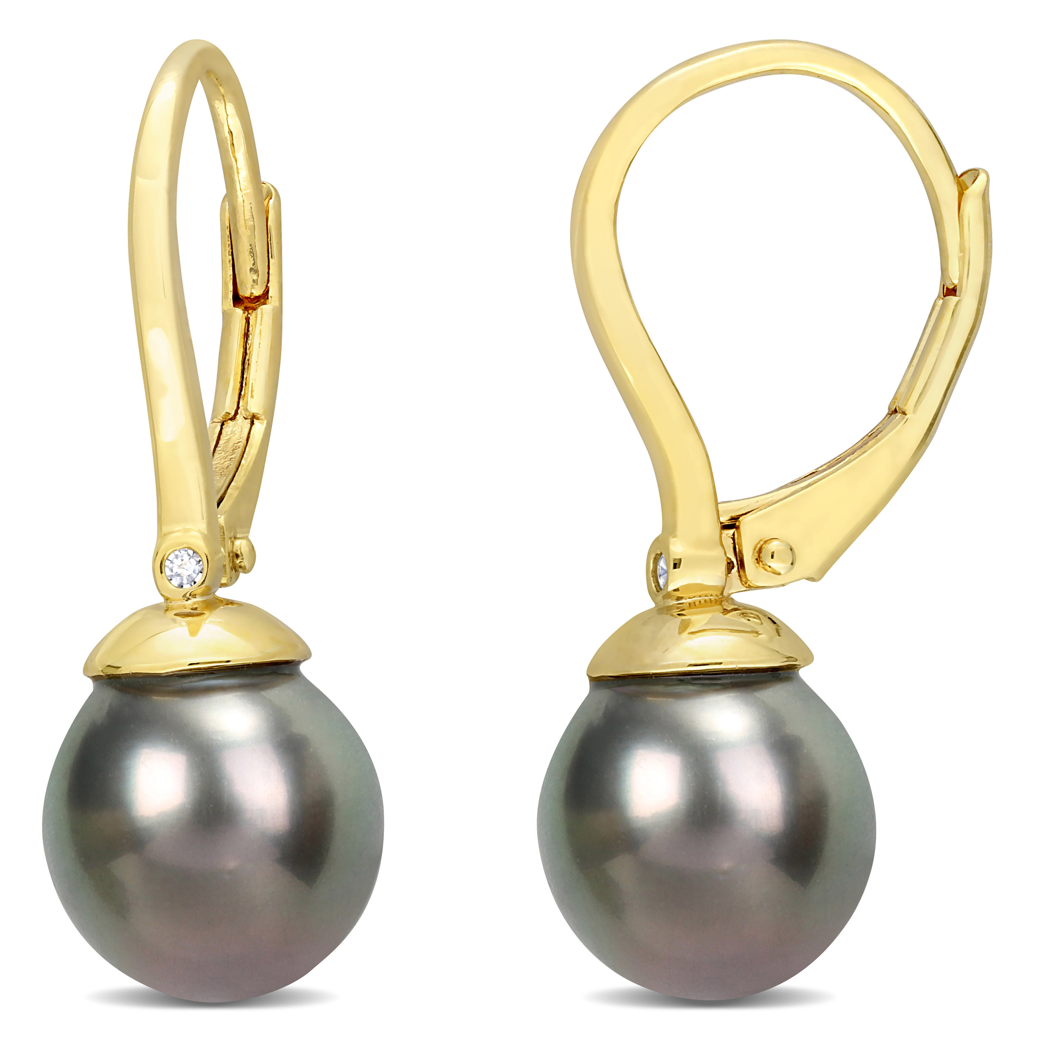 8-8.5 MM Black Tahitian Cultured Pearl & Diamond Accent Leverback Earrings in Yellow Plated Sterling Silver