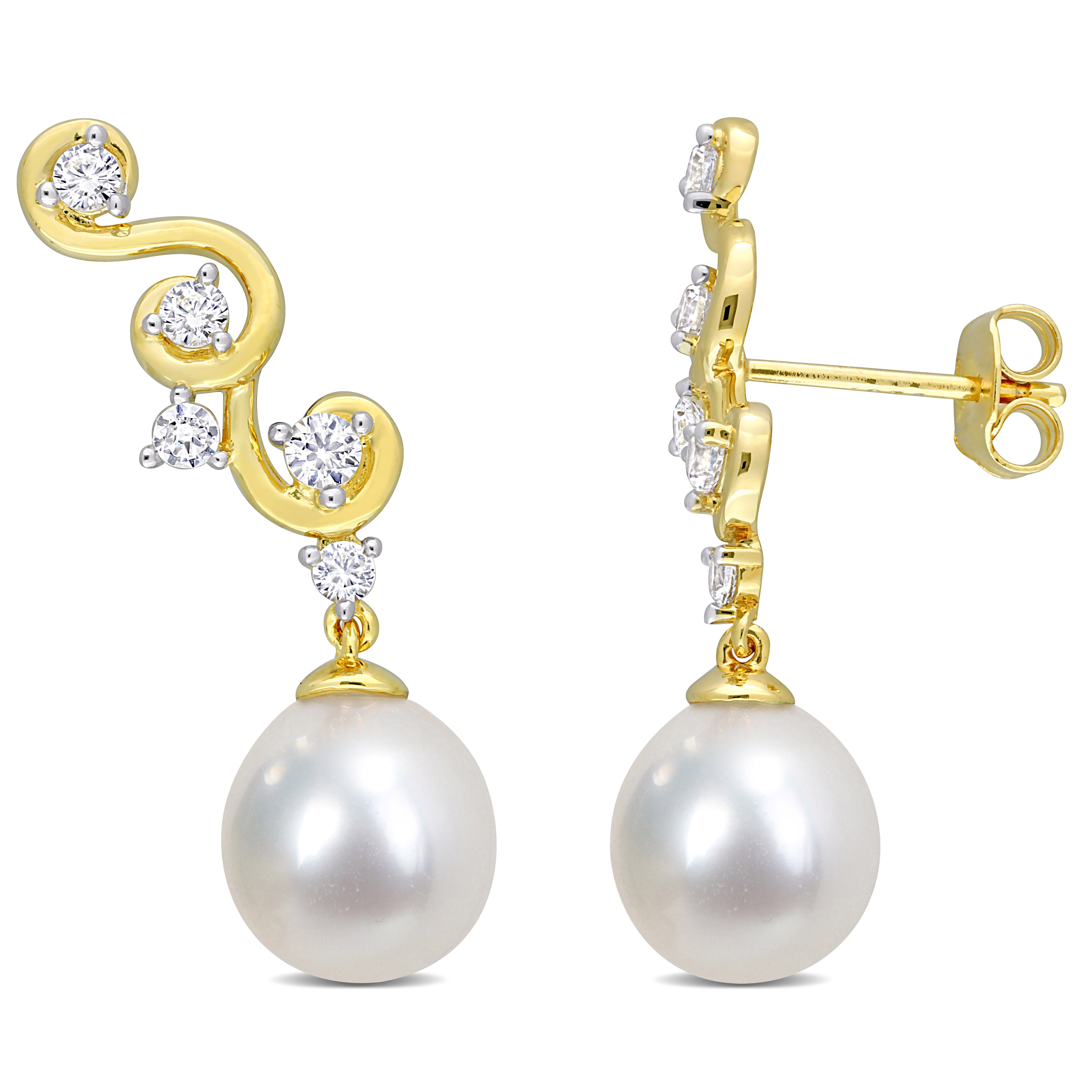 8 - 9 MM South Sea Cultured Pearl and 5/8 CT TGW Created White Sapphire Infinity Drop Earrings in Yellow Plated Sterling Silver