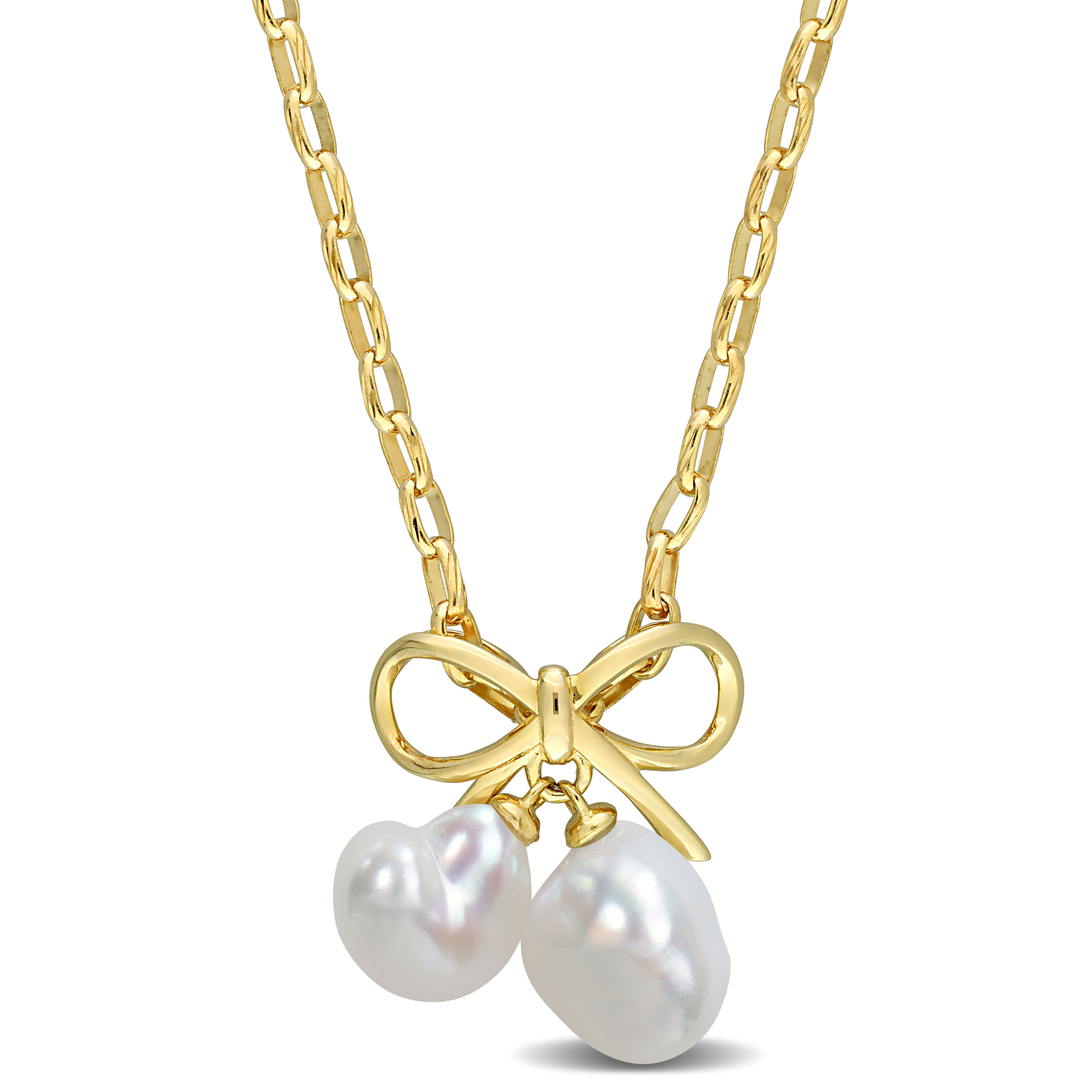 Freshwater Cultured Pearl Bow Pendant with Chain in Yellow Plated Sterling Silver - 18 in.
