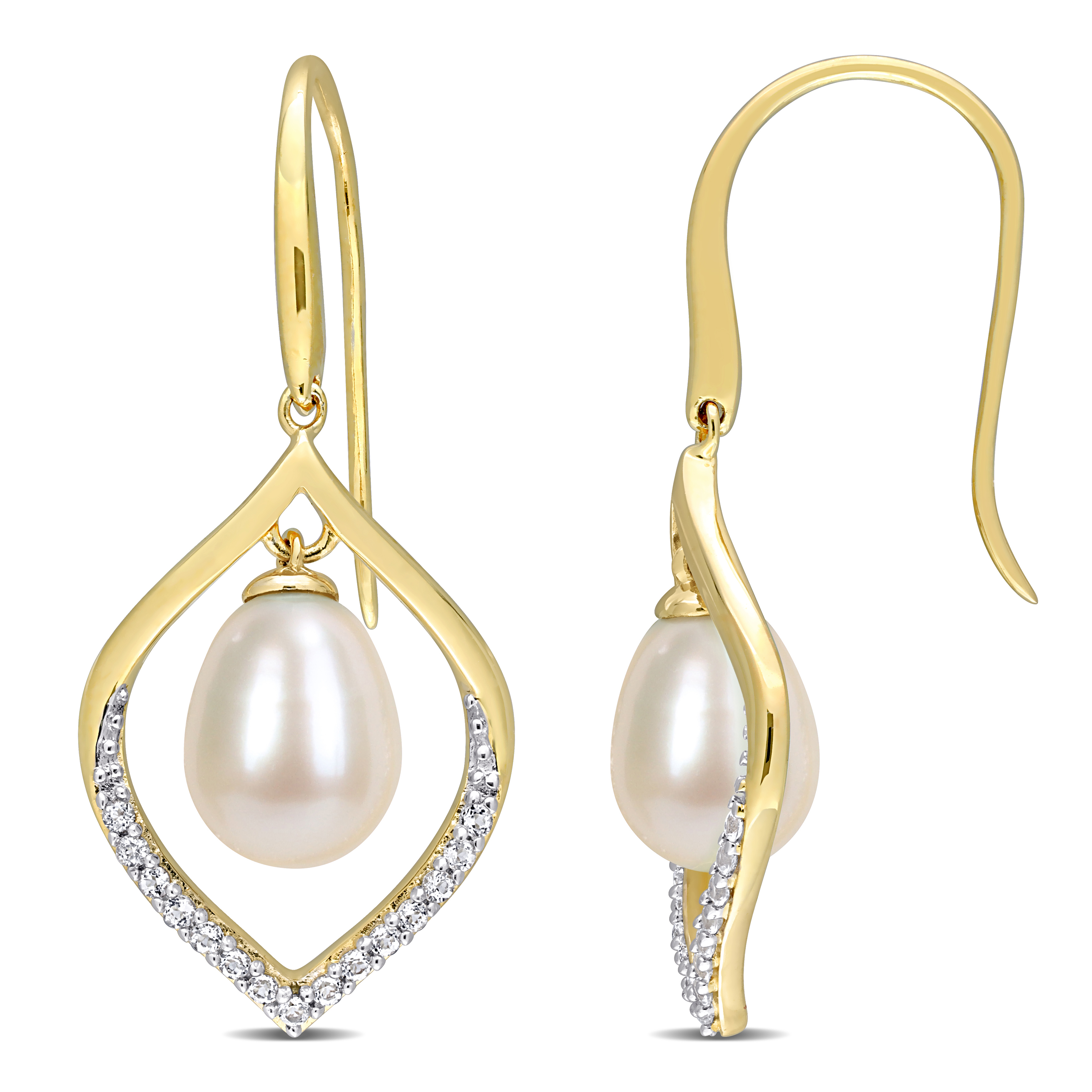 8-8.5 MM Freshwater Cultured Pearl and 1/3 CT TGW White Topaz Open Hook Earrings in Yellow Plated Sterling Silver