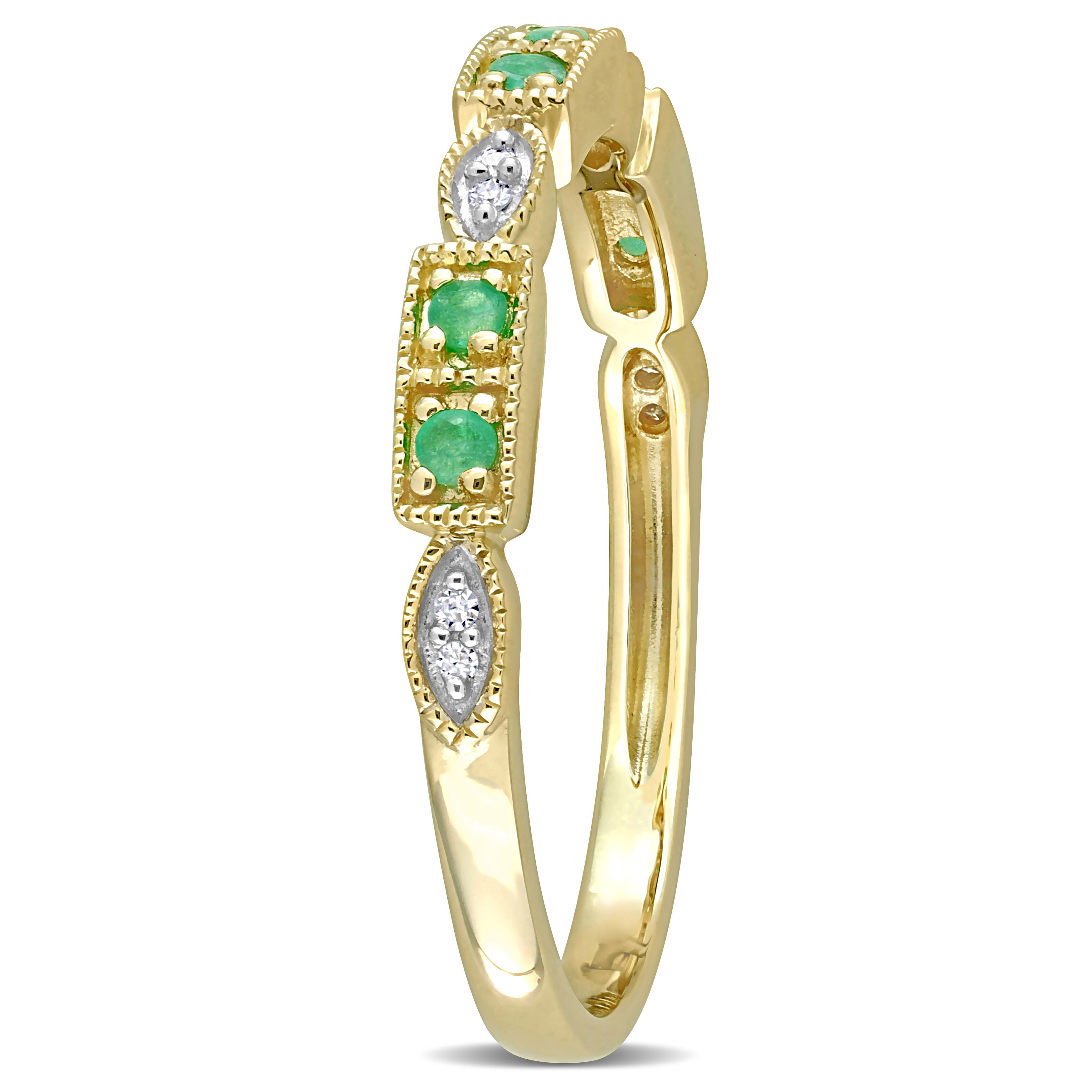 1/8 CT TGW Emerald and Diamond Accent Semi-Eternity Ring in 10k Yellow Gold