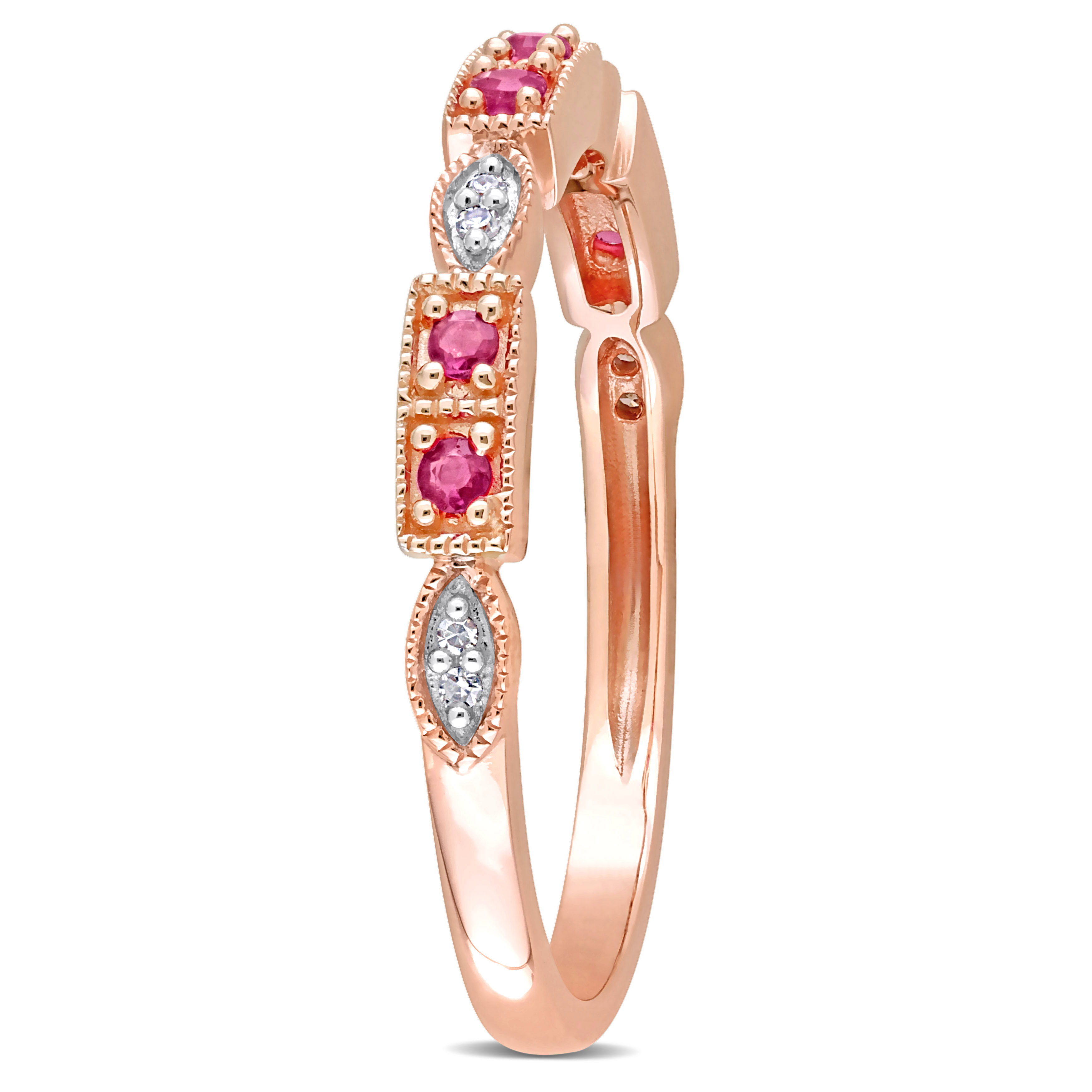 1/8 CT TGW Ruby and Diamond Accent Semi-Eternity Ring in 10k Rose Gold