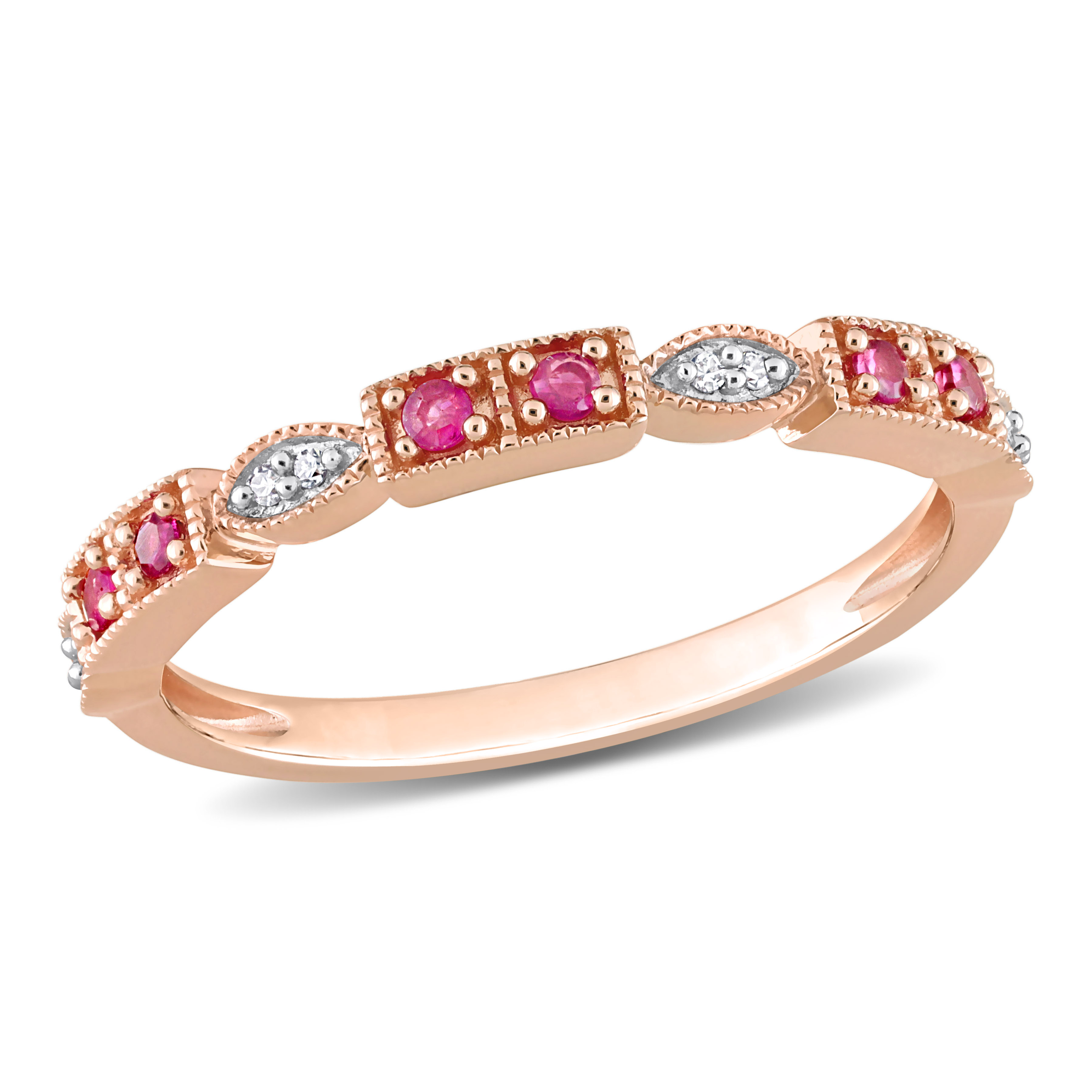 1/8 CT TGW Ruby and Diamond Accent Semi-Eternity Ring in 10k Rose Gold