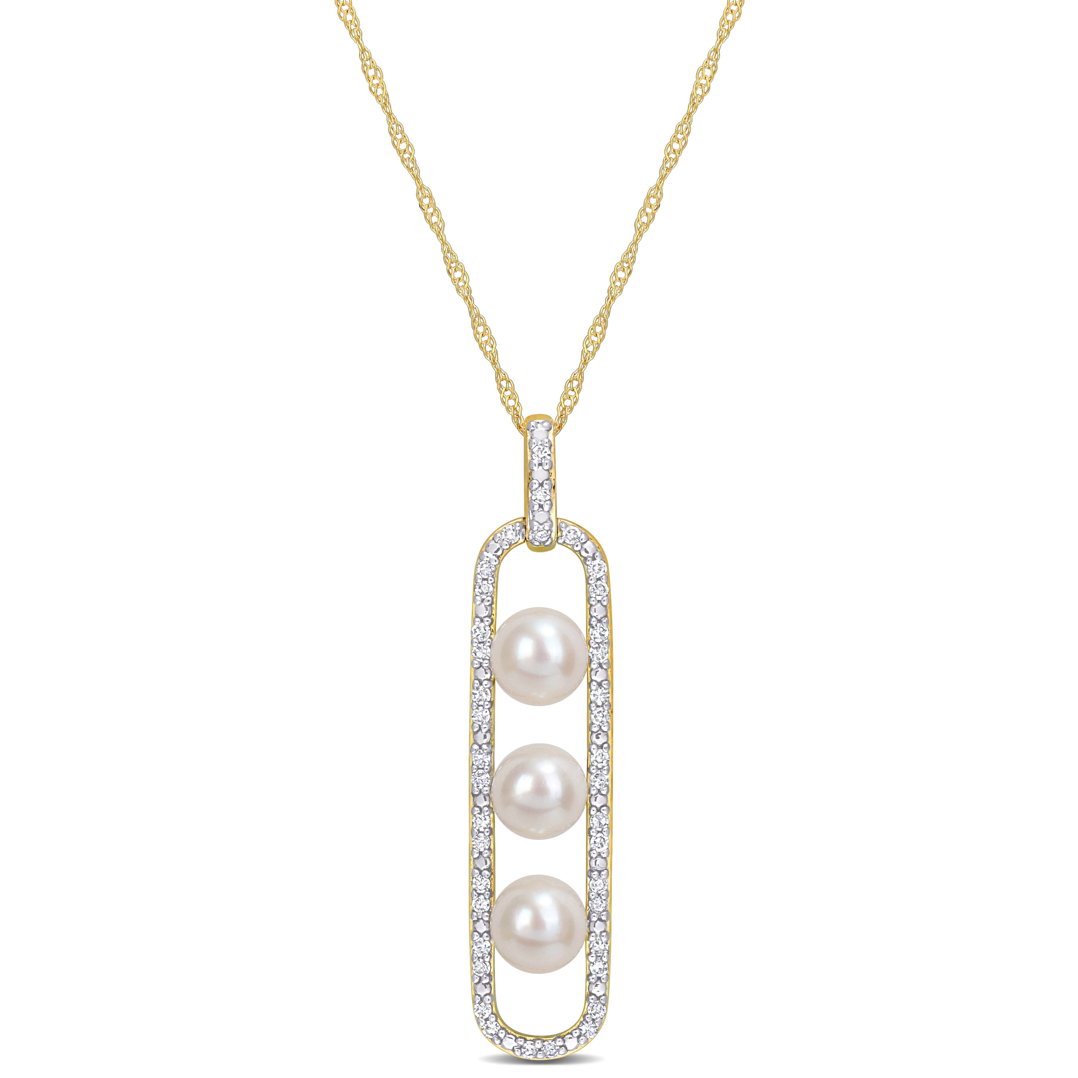 5-5.5 MM Cultured Freshwater Pearl and 1/5 CT TDW Diamond Drop Pendant with Chain in 10k Yellow Gold - 17 in.