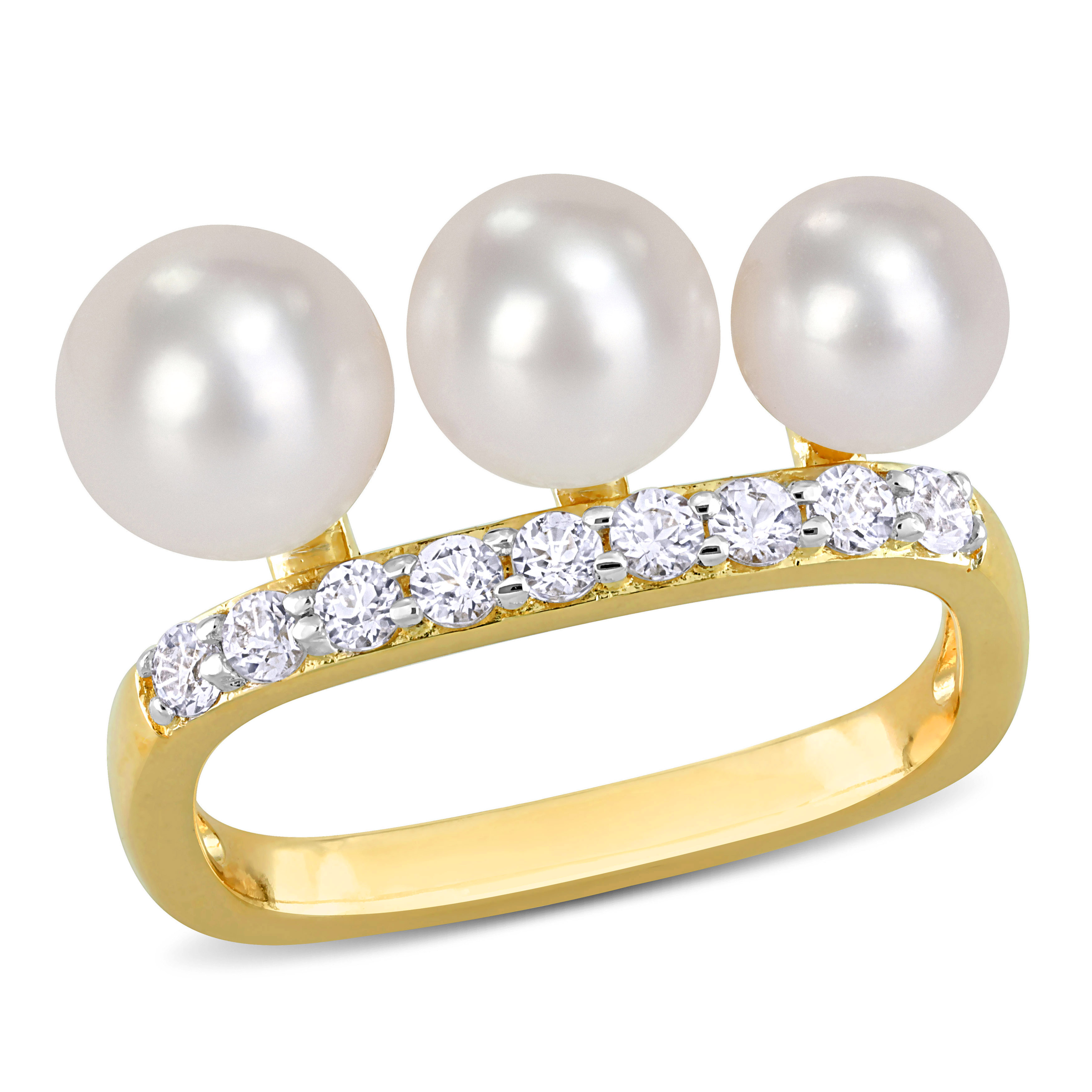 Freshwater Cultured Pearl & 3/8 CT TGW White Topaz Ring in Yellow Plated Sterling Silver