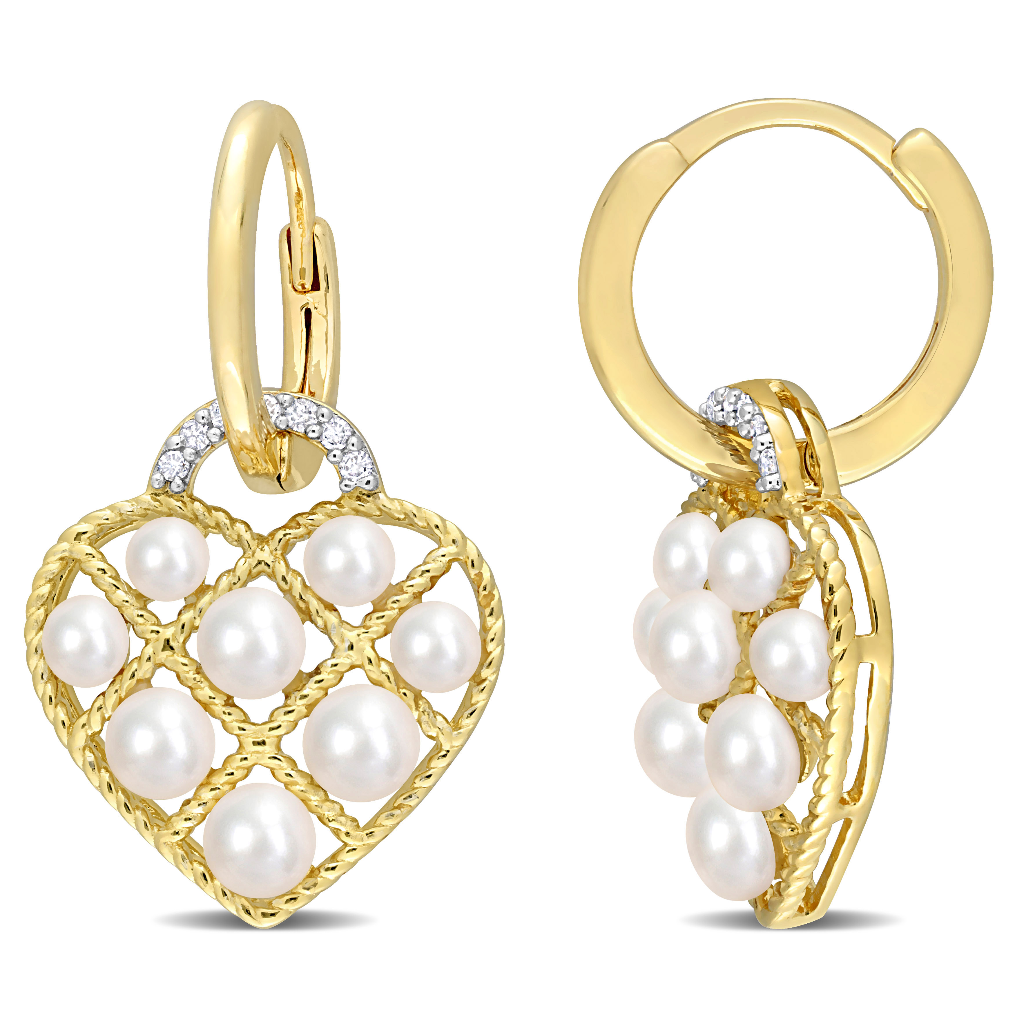 2.5 - 3 MM Cultured Freshwater Pearl and Diamond Accent Heart Hoop Earrings in Yellow Plated Sterling Silver