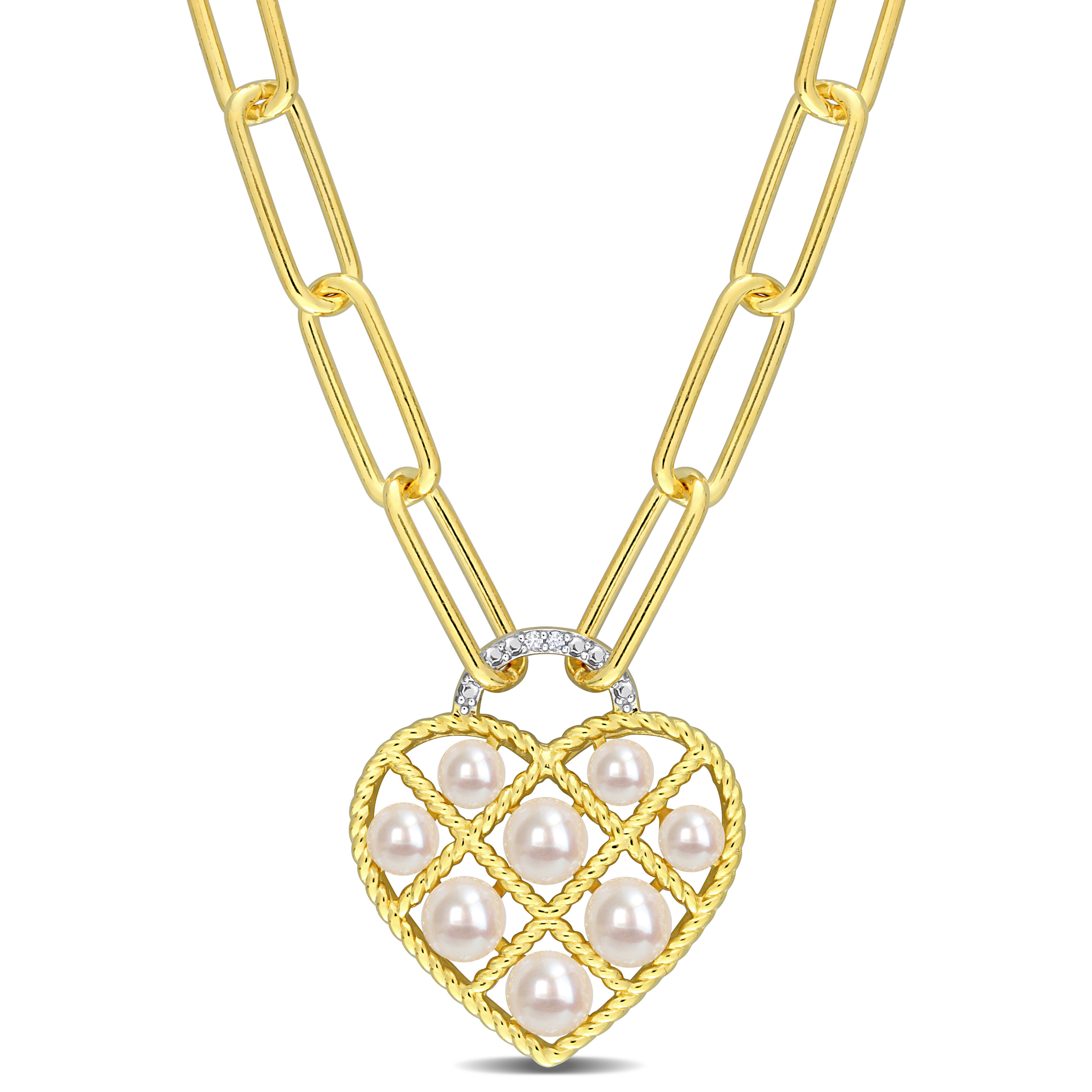 Freshwater Cultured Pearl & Diamond Accent Heart Oval Link Chain Necklace in Yellow Plated Sterling Silver