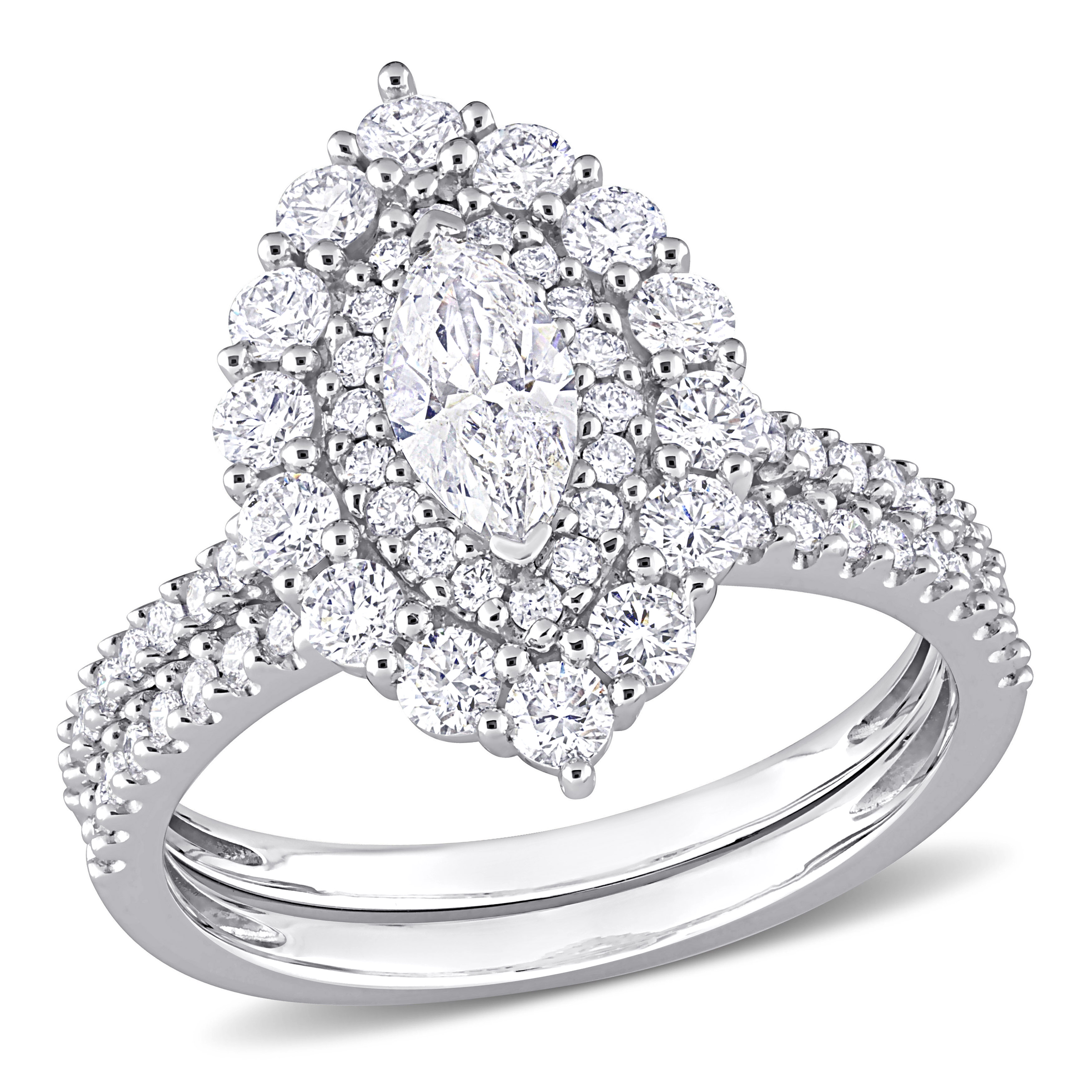 1/2 CT TW Marquise & Round Diamond Double Halo Cluster Bridal Set in 14k White Gold