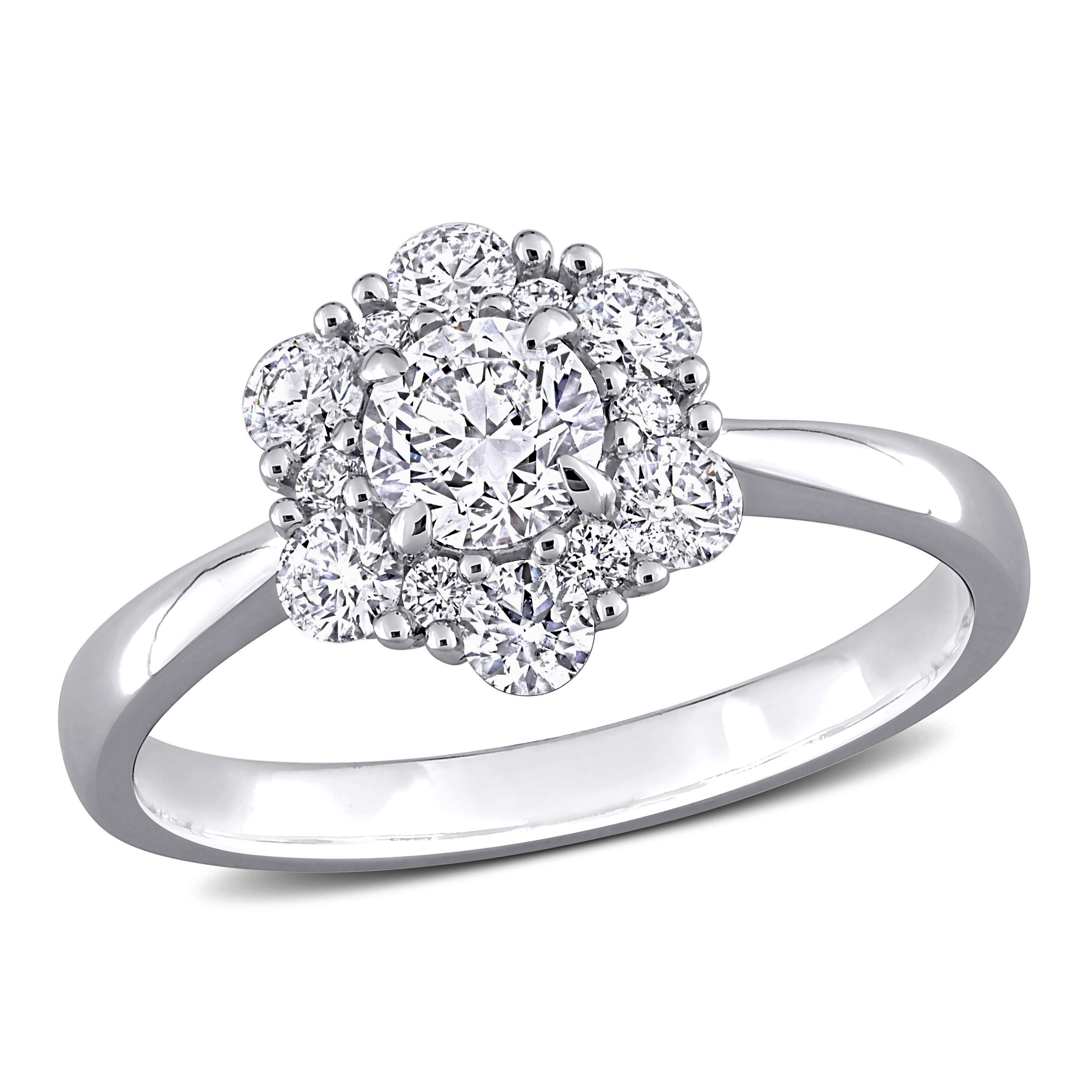 1 CT TW Diamond Cluster Engagement Ring in 14k White Gold