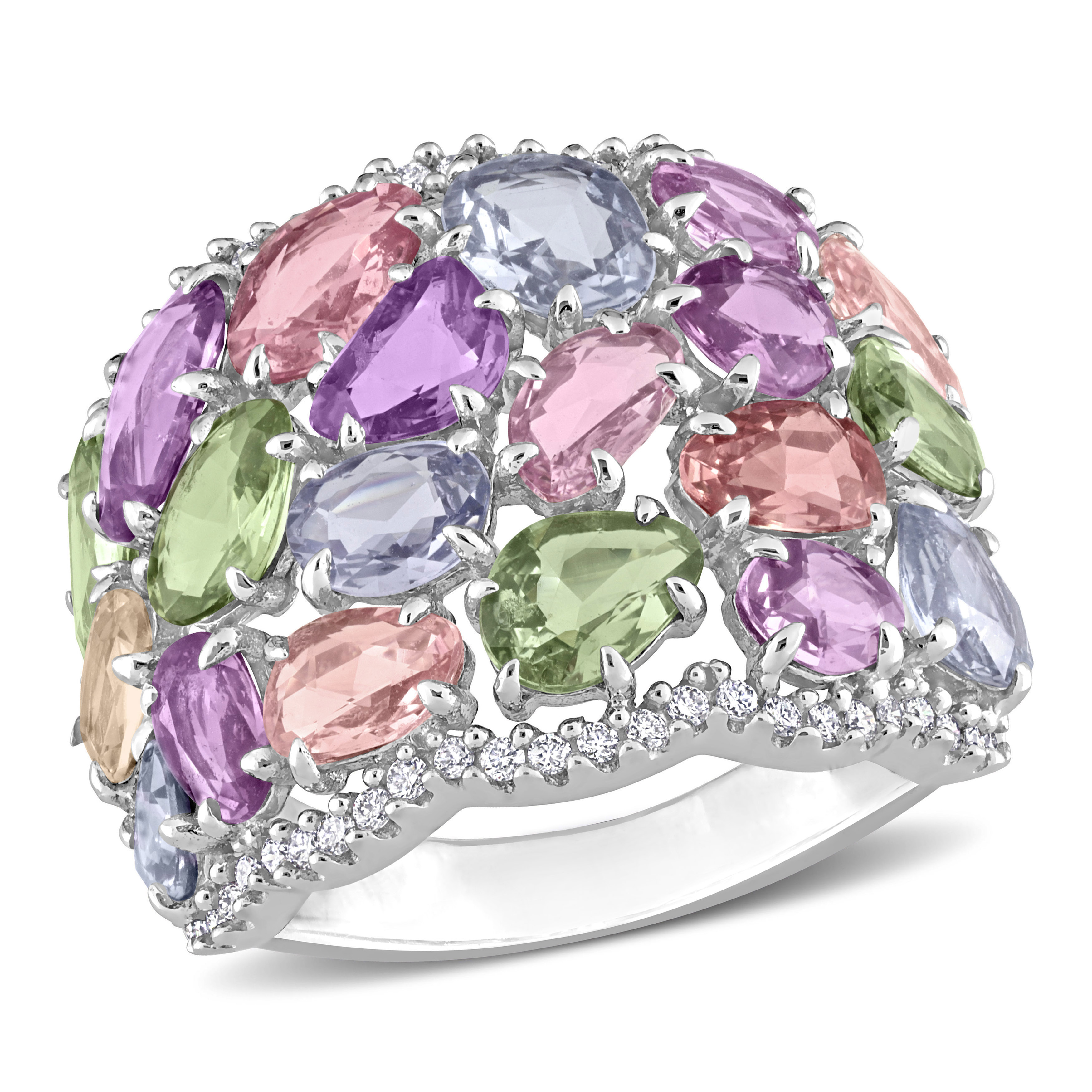 15 1/2 CT TGW Multi-Color Sapphire and 1/4 CT TDW Diamond Cocktail Ring in 14k White Gold