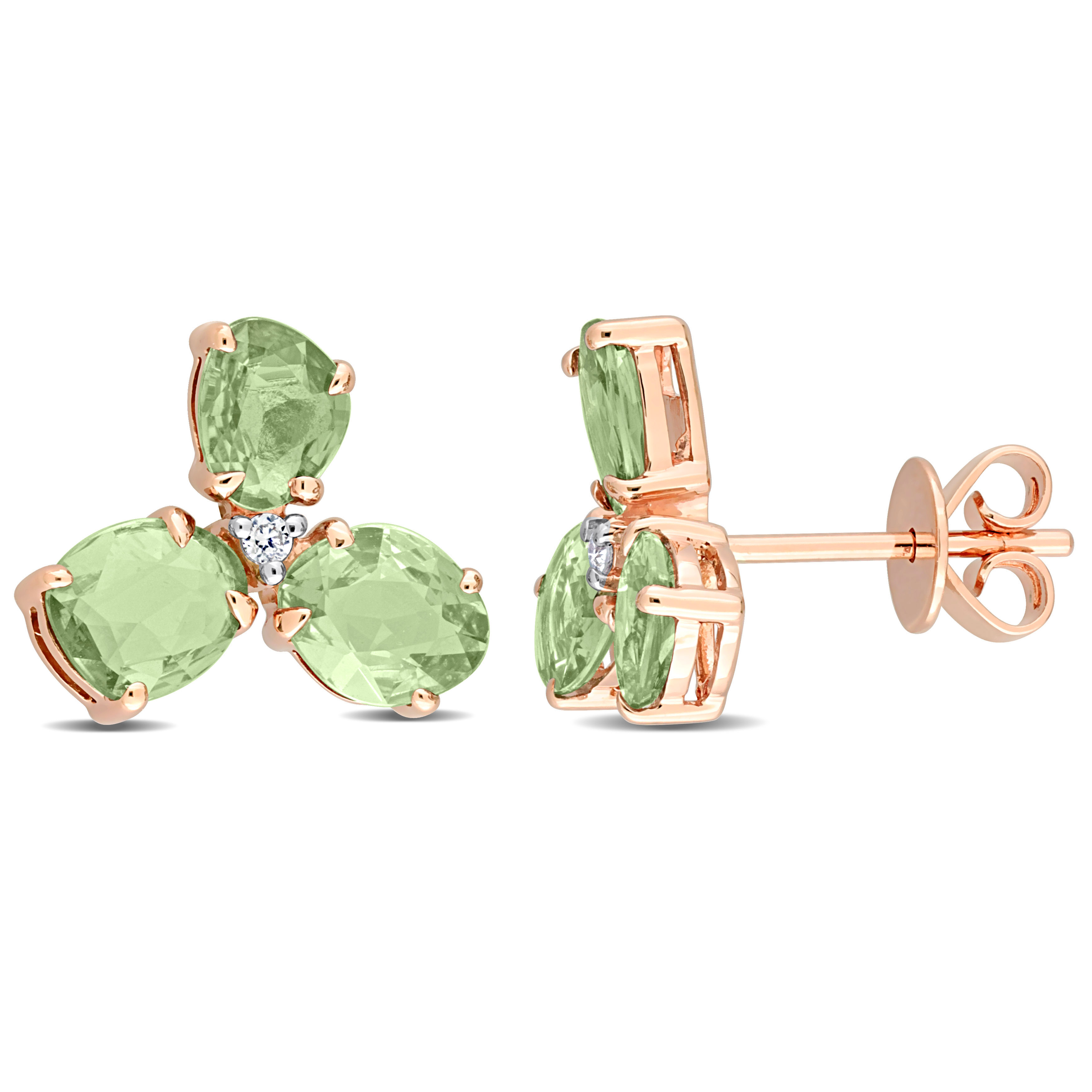 2 1/4 CT TGW Green Sapphire and Diamond Accent 3-Stone Stud Earrings in 14k Rose Gold