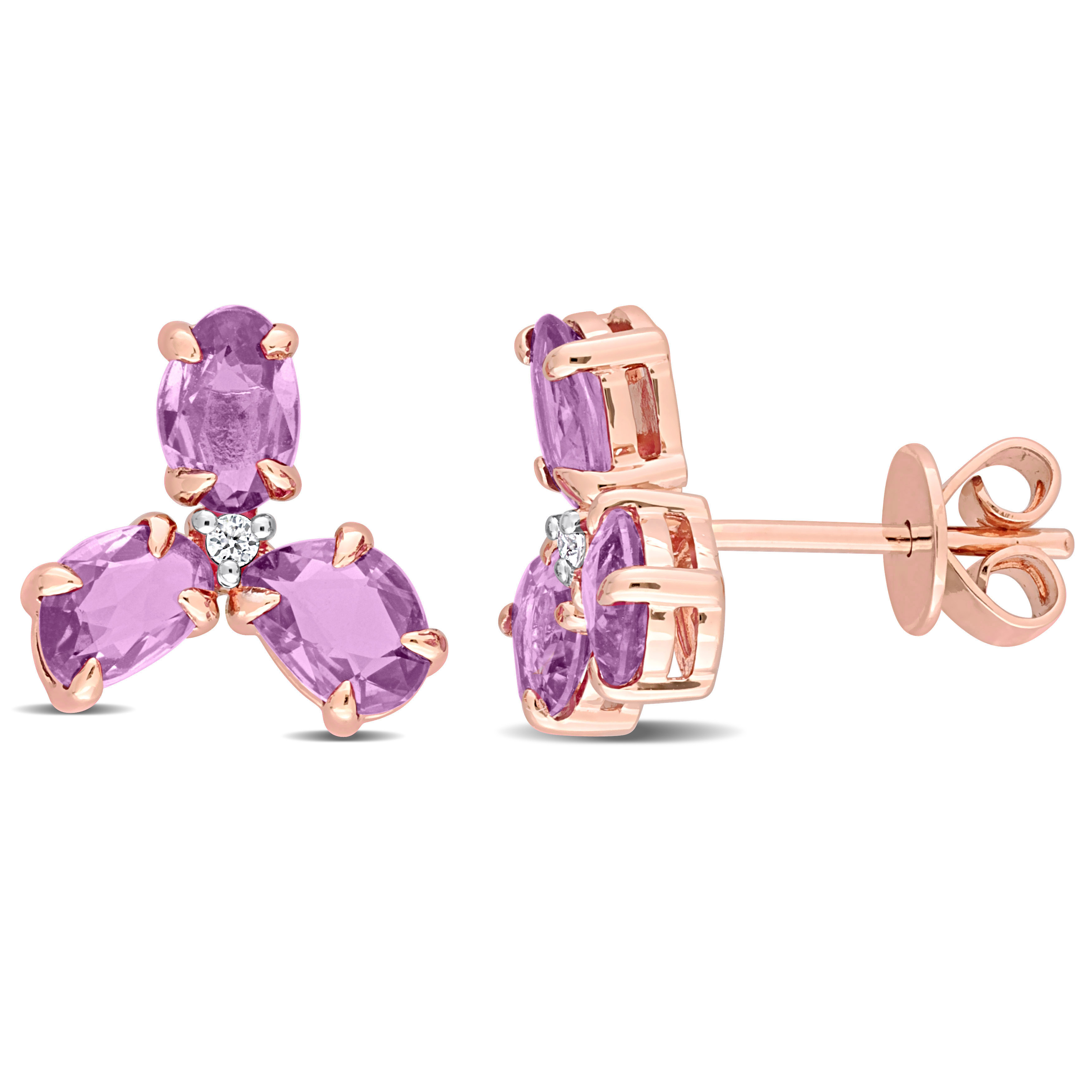 2 1/2 CT TGW Purple Sapphire and Diamond Accent 3-Stone Stud Earrings in 14k Rose Gold