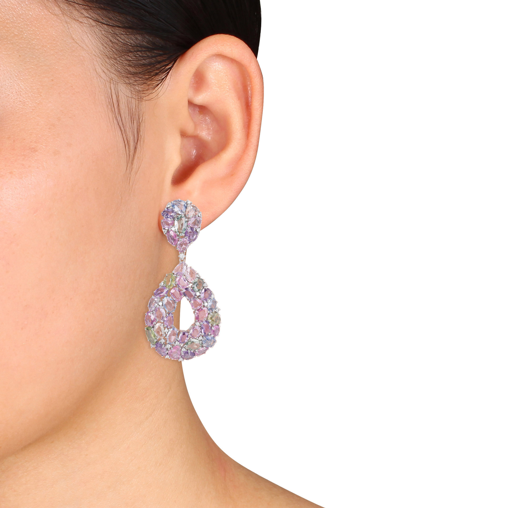76 1/3 CT TGW Multi-Color Sapphire and 1/2 CT TDW Diamond Teardrop Earrings in 14k White Gold