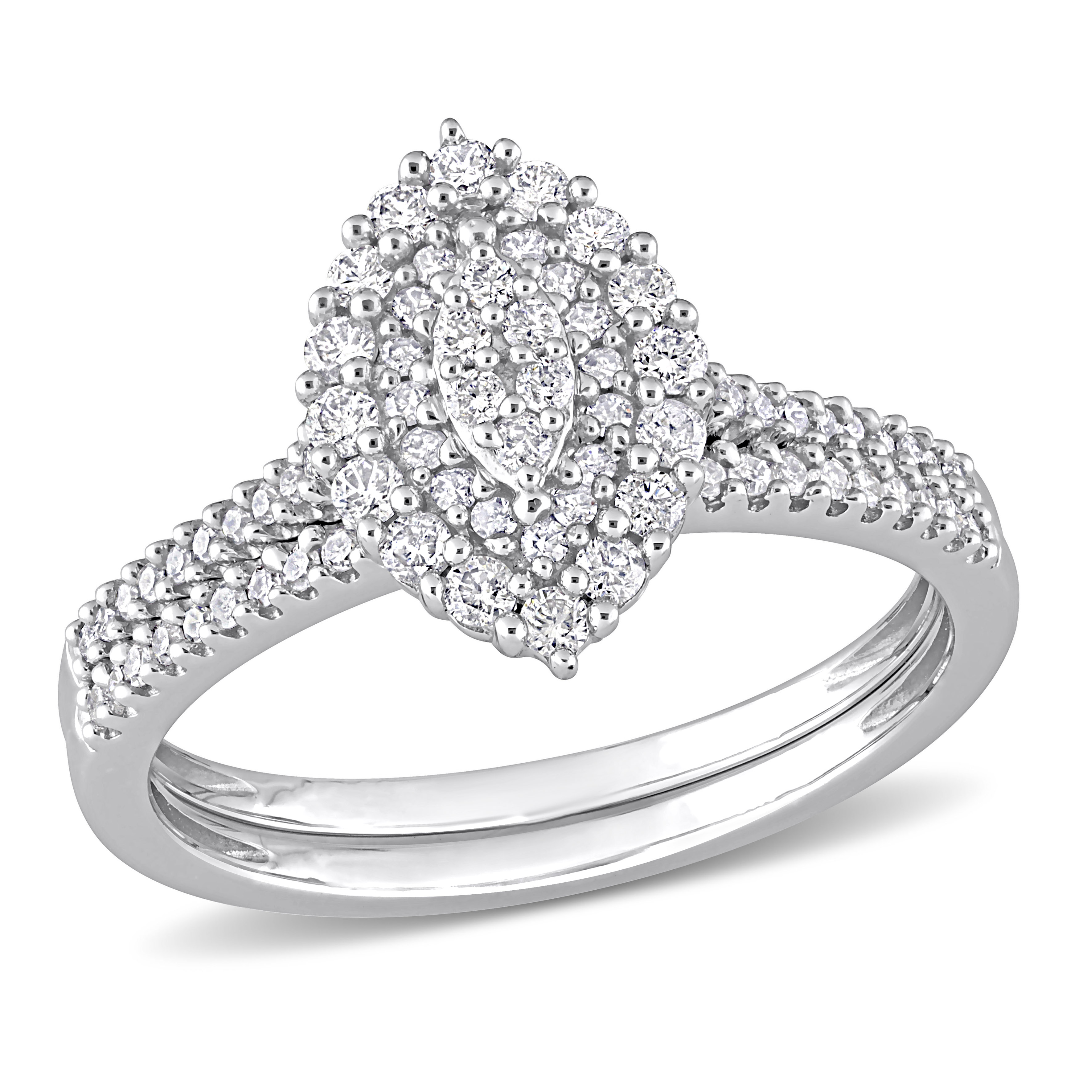 1/2 CT TW Marquise & Round Diamond Double Halo Cluster Bridal Set in 10k White Gold