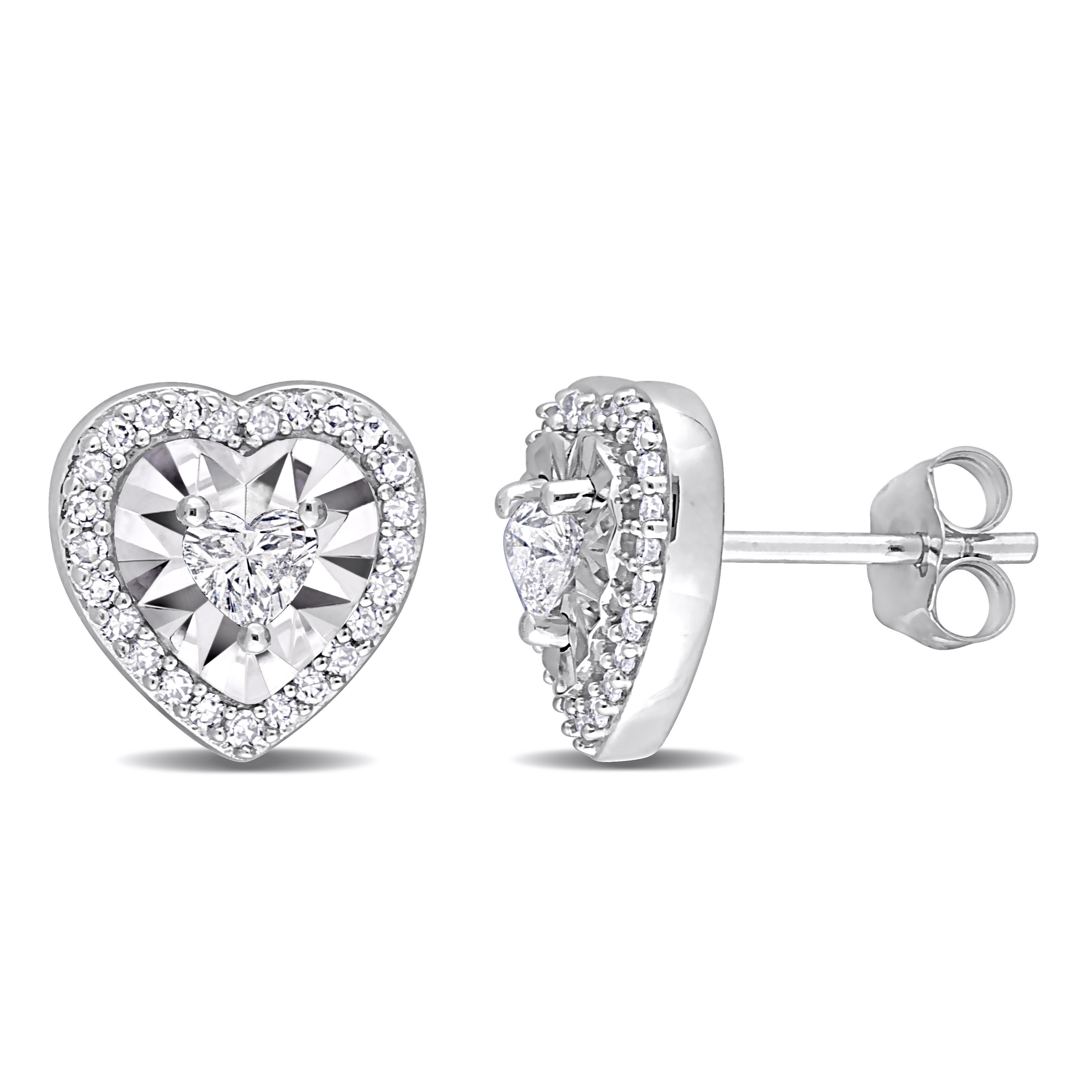 1/2 CT TW Heart and Round Diamonds Halo Stud Earrings in 14k White Gold