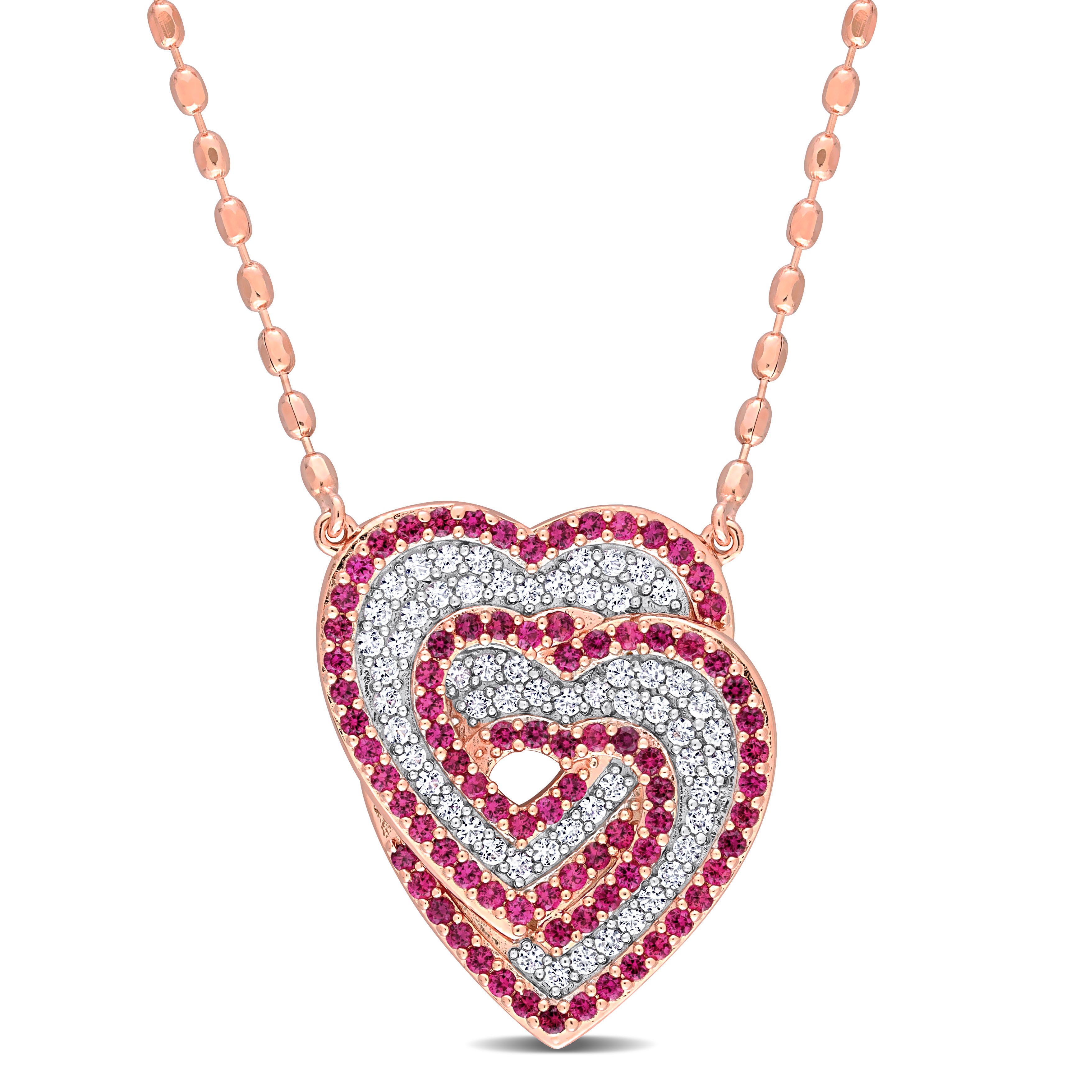 1 3/4 CT TGW Created White Sapphire and Created Ruby Interlocking Hearts Pendant with Chain in Sterling Silver - 17 in.