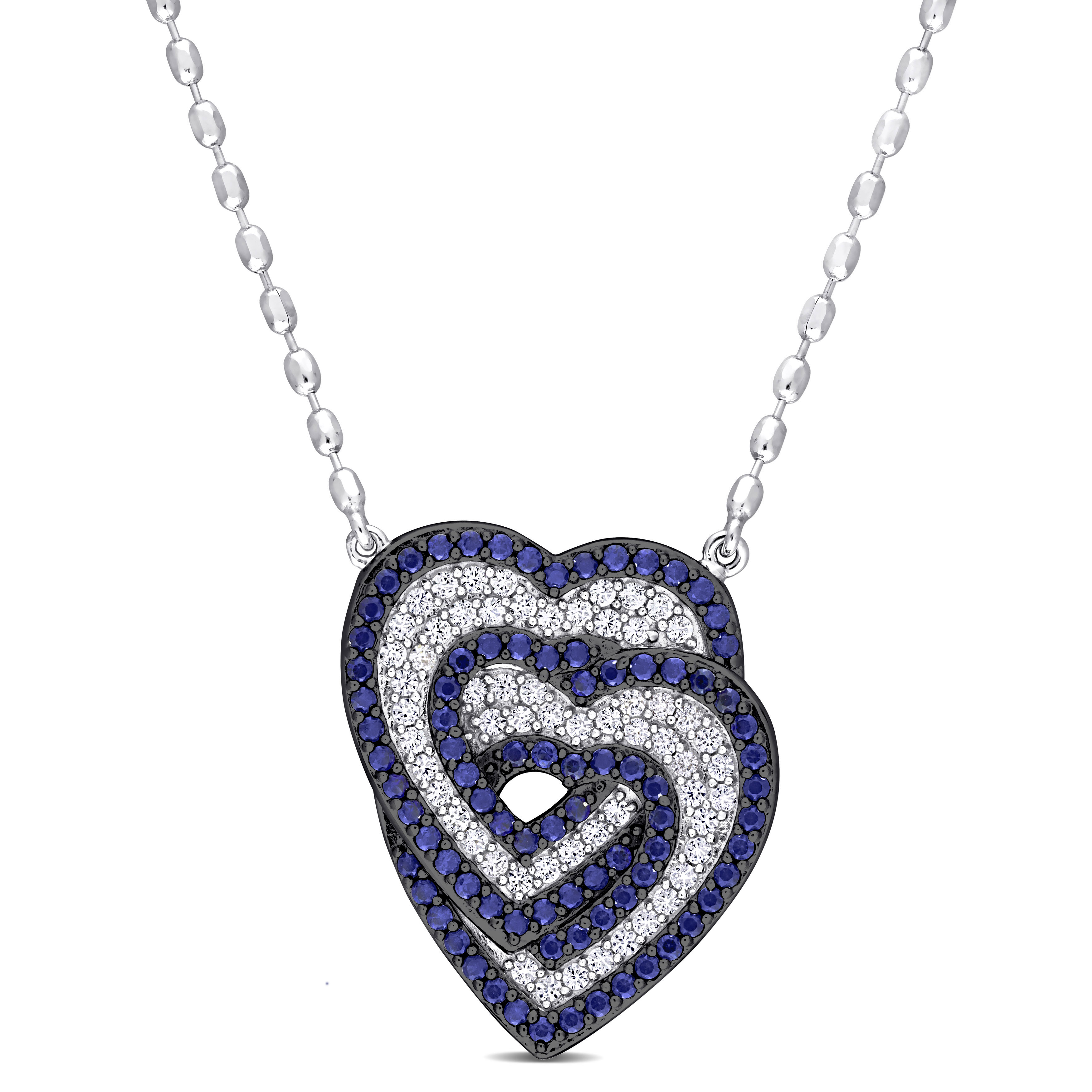 1 2/5 CT TGW Created White Sapphire and Created Blue Sapphire Heart Interlocking Hearts Pendant with Chain in Sterling Silver - 17 in.