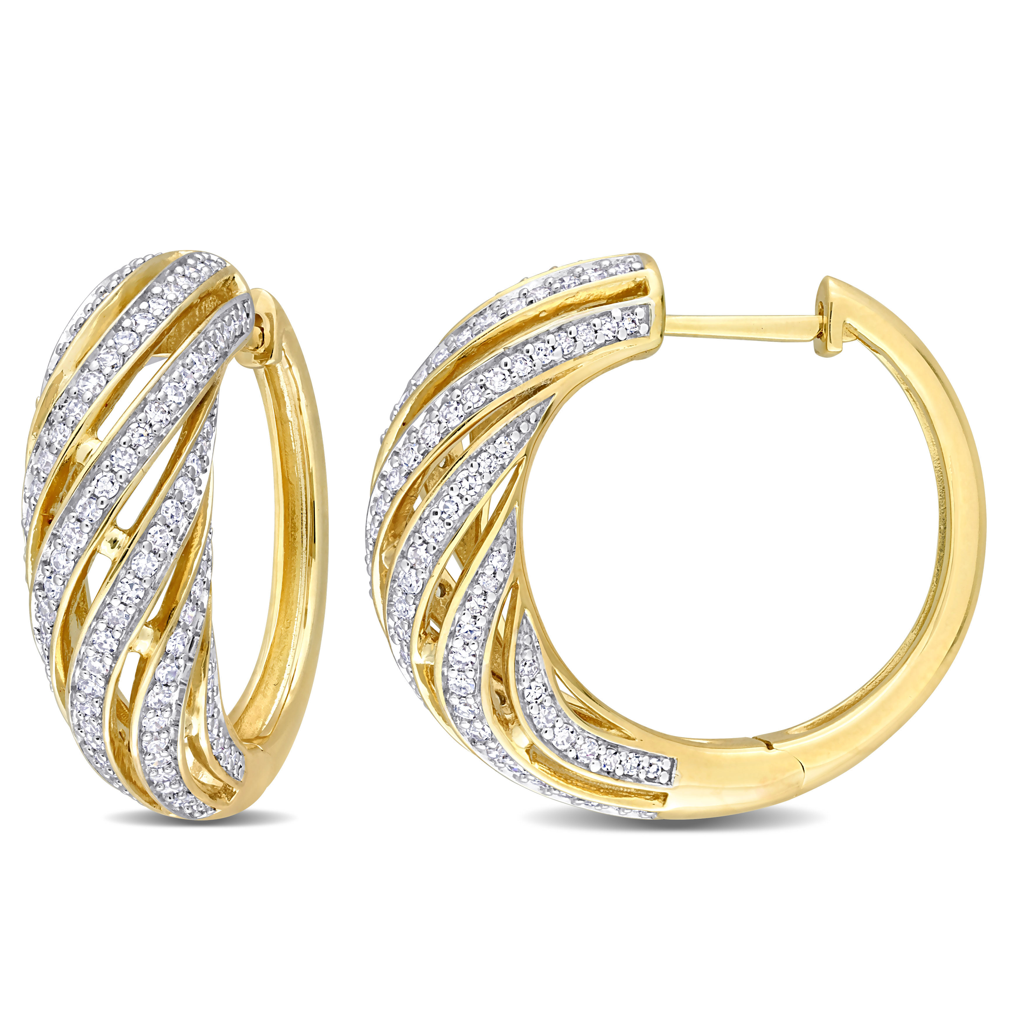 1 CT TDW Diamond Swirl Design Hoop Earrings in 14k Yellow Gold