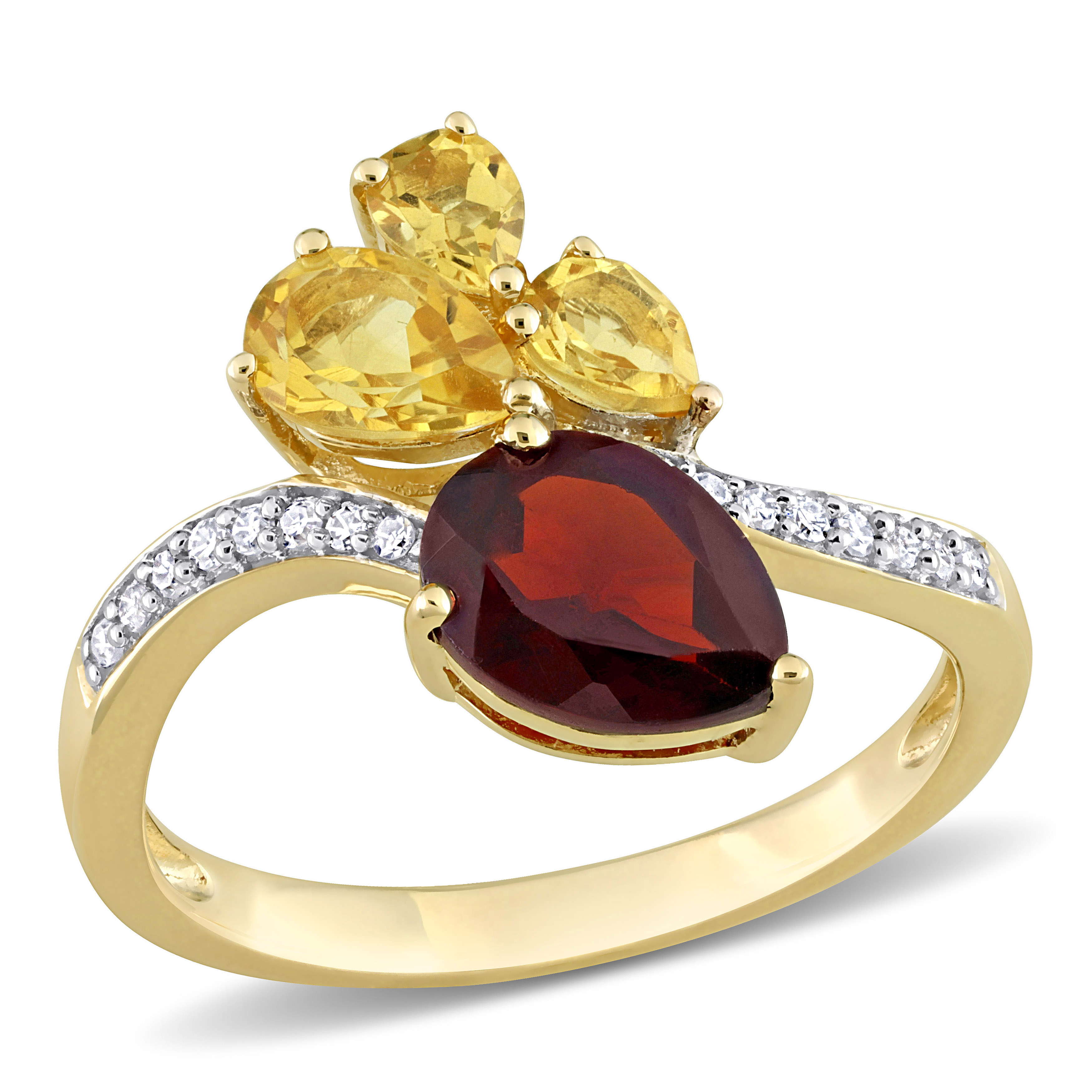 2 CT TGW Pear-Shape Garnet and Citrine and 1/10 CT TDW Diamond Toi et Moi Ring in 14k Yellow Gold