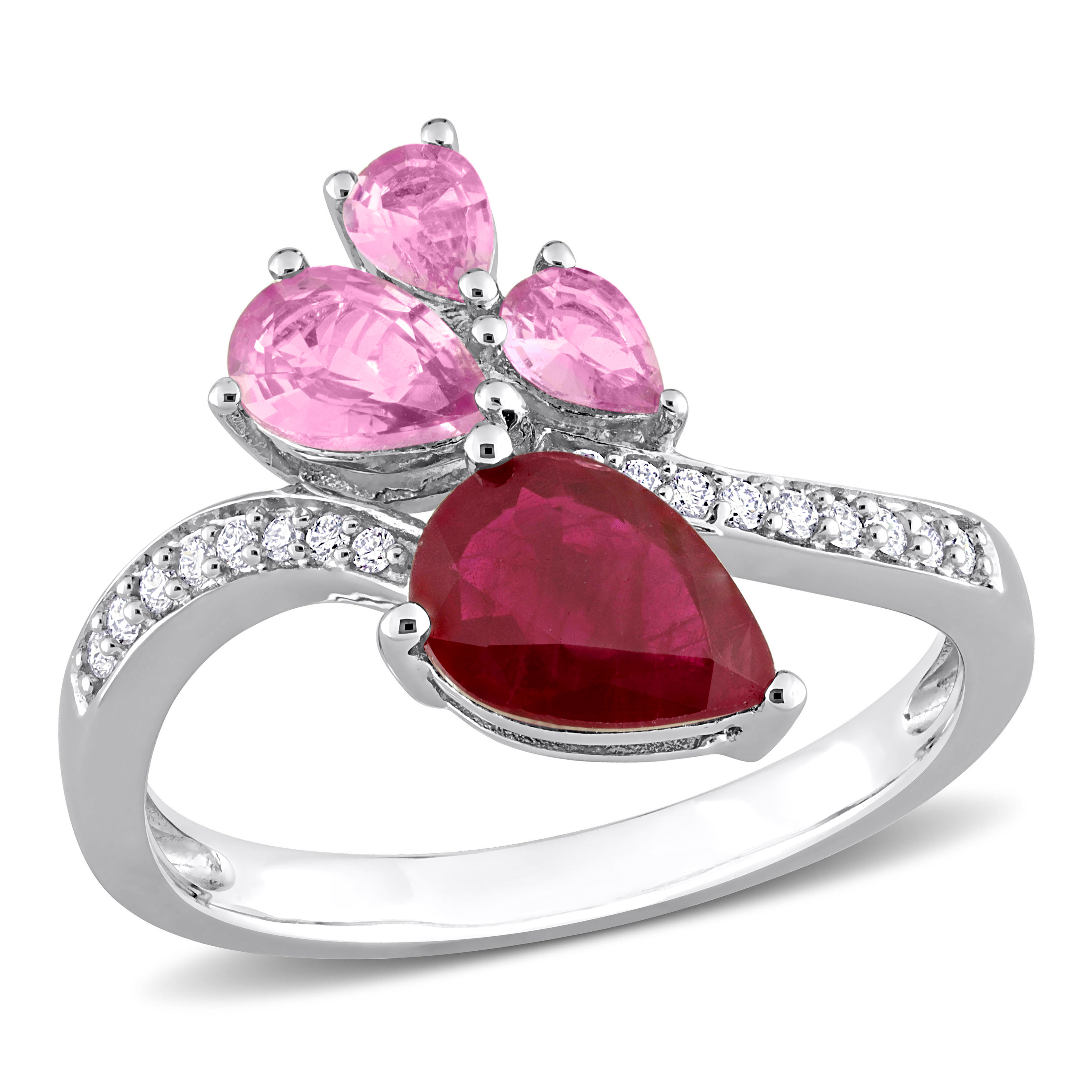 2 1/5 CT TGW Pear Cut Ruby and Pink Sapphire and 1/10 CT TW Diamond Ring in 14K White Gold