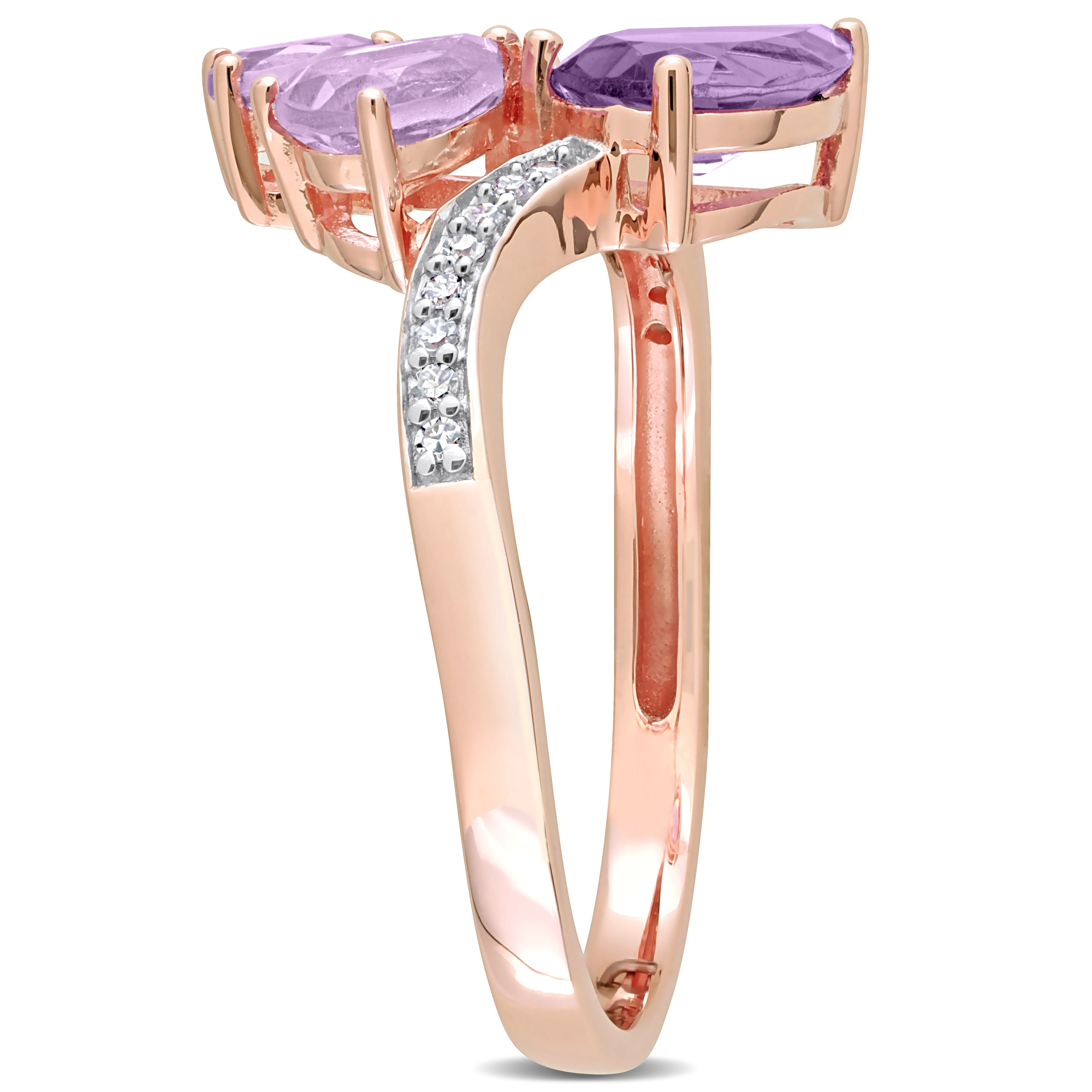 1 3/5 CT TGW Pear-Shape Amethyst and Rose de France and 1/10 CT TDW Diamond Toi et Moi Ring in 14k Rose Gold