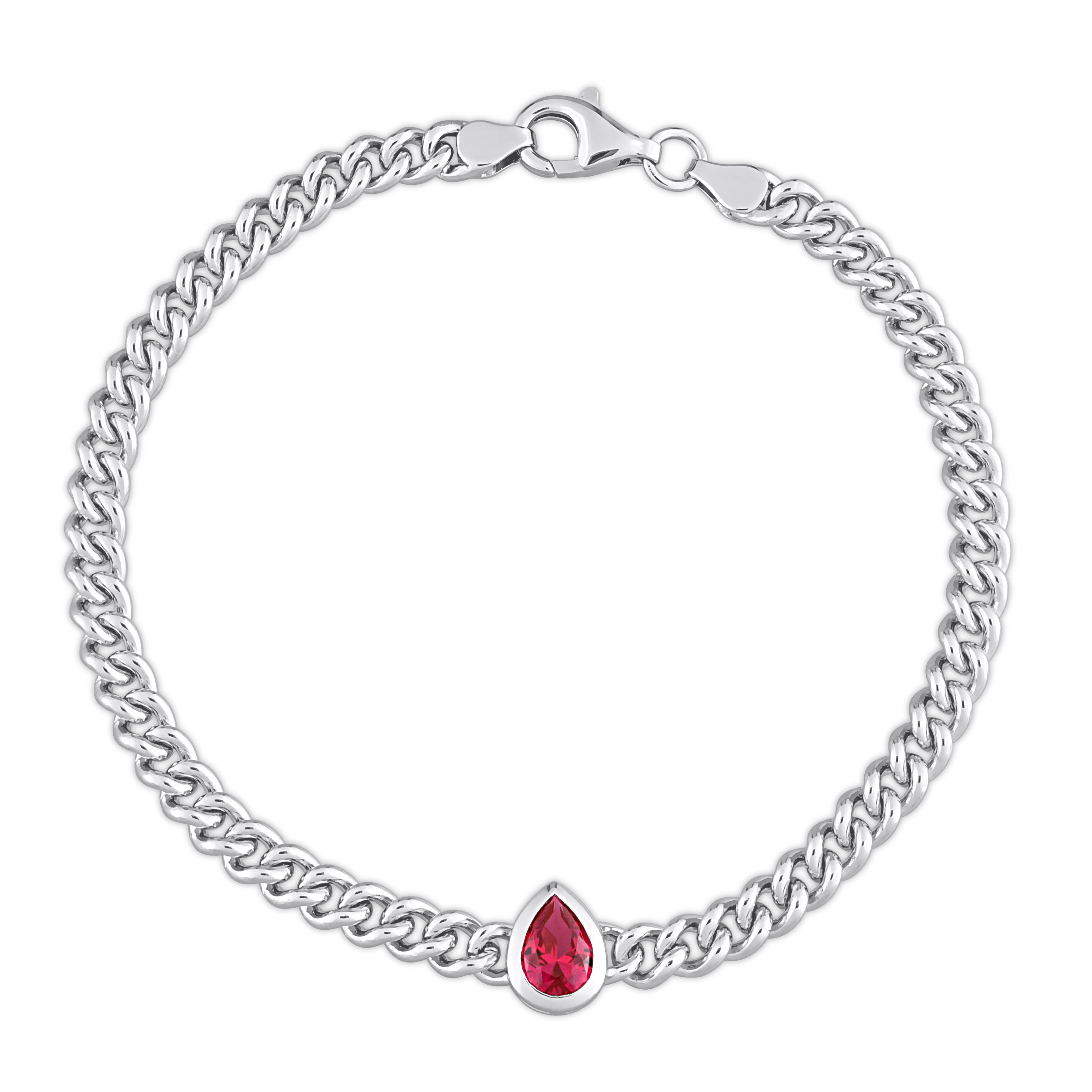 1 1/7 CT TGW Pear Created Ruby Curb Link Chain Bracelet in Sterling Silver