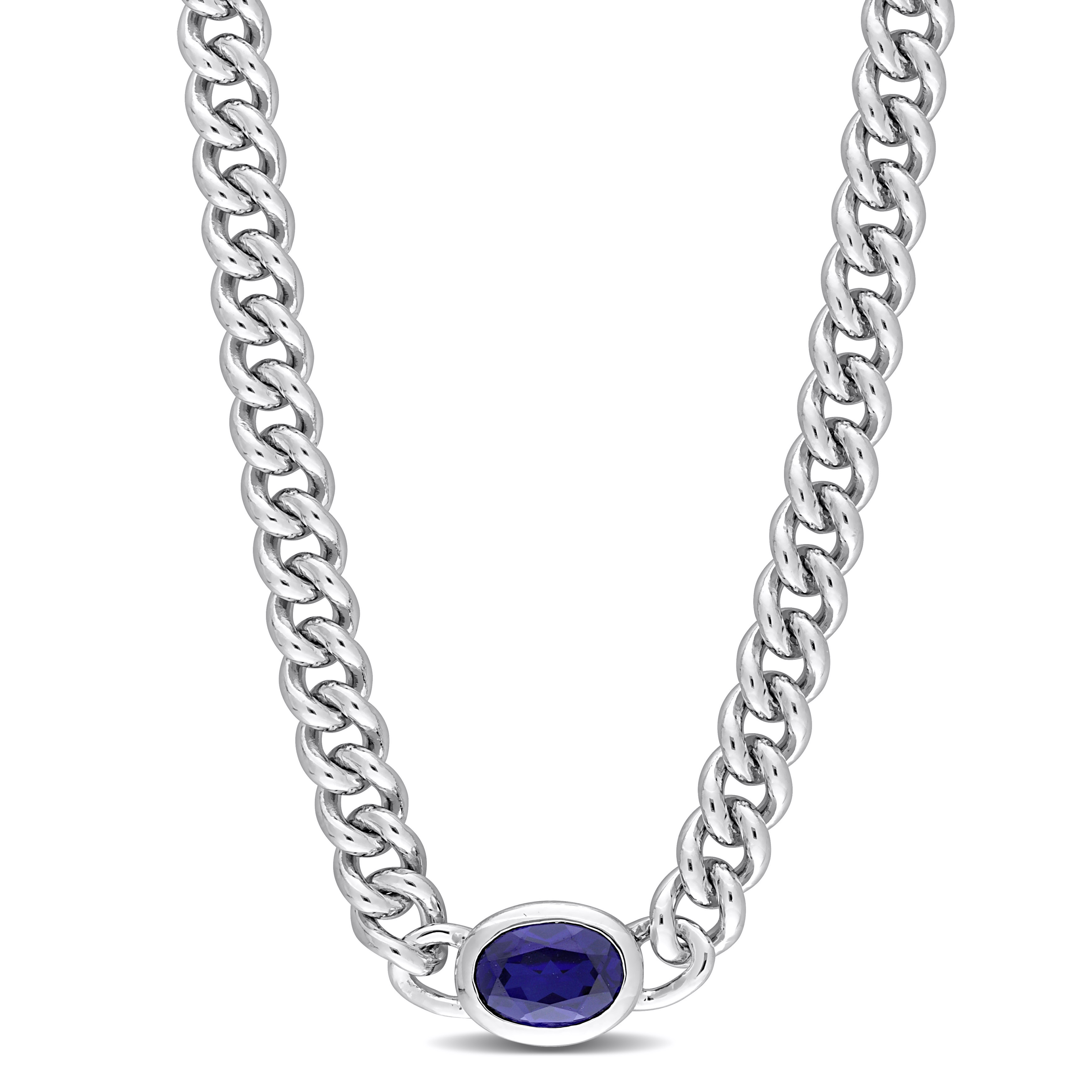 1 1/4 CT TGW Oval Created Blue Sapphire Curb Link Chain Necklace in Sterling Silver - 16 in.