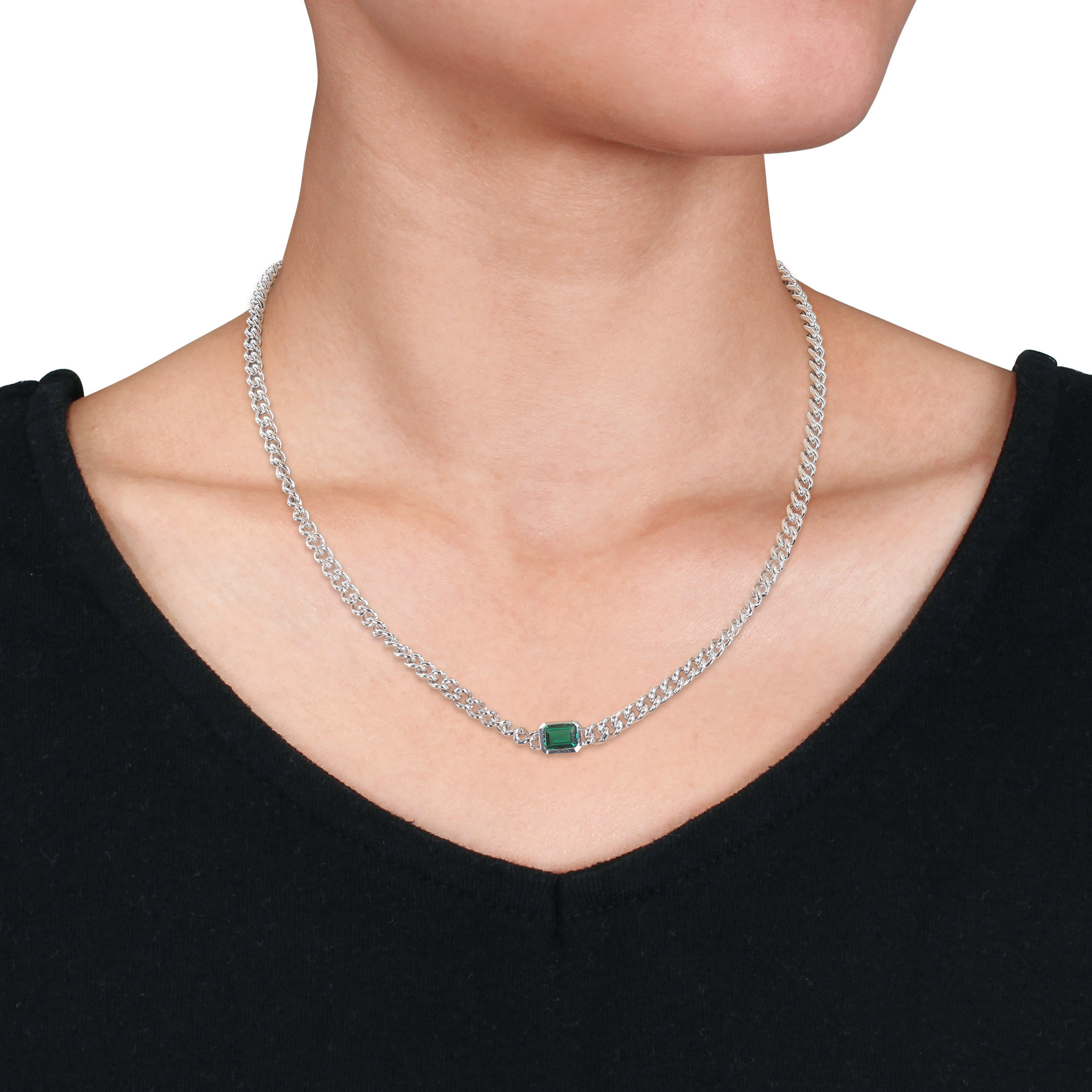 7/8 CT TGW Octagon Created Emerald Curb Link Chain Necklace in Sterling Silver - 16 in.