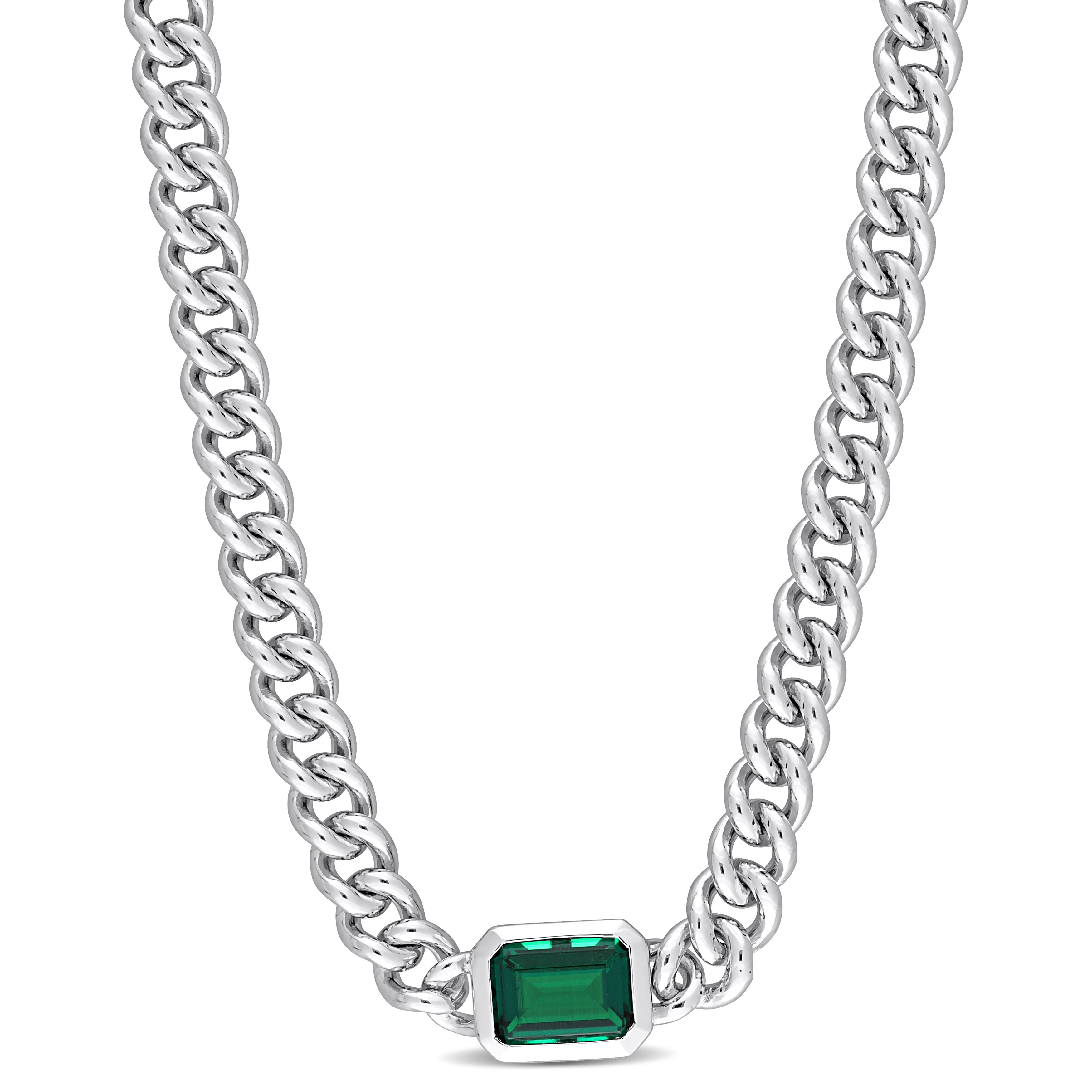 7/8 CT TGW Octagon Created Emerald Curb Link Chain Necklace in Sterling Silver - 16 in.