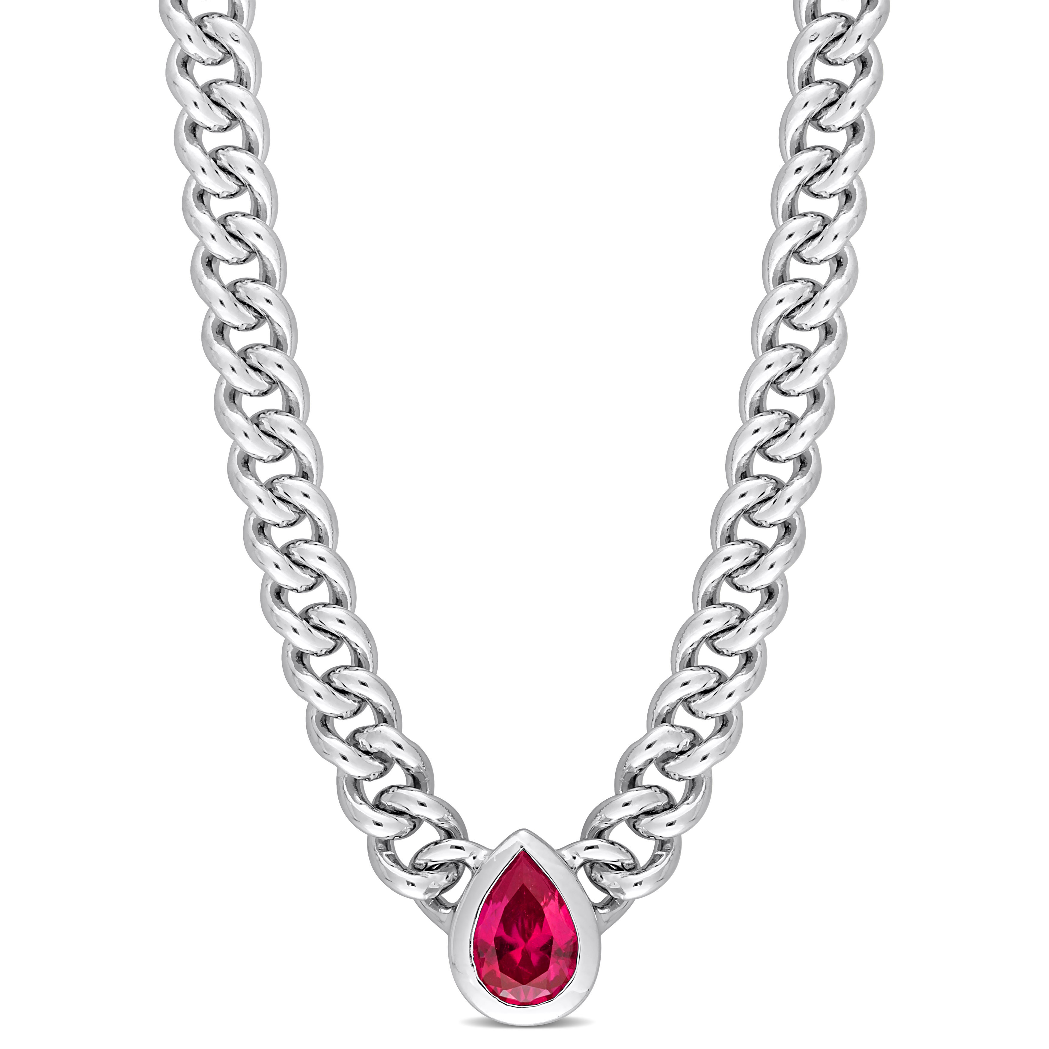 1 1/7 CT TGW Pear Created Ruby Curb Link Chain Necklace in Sterling Silver - 16 in.