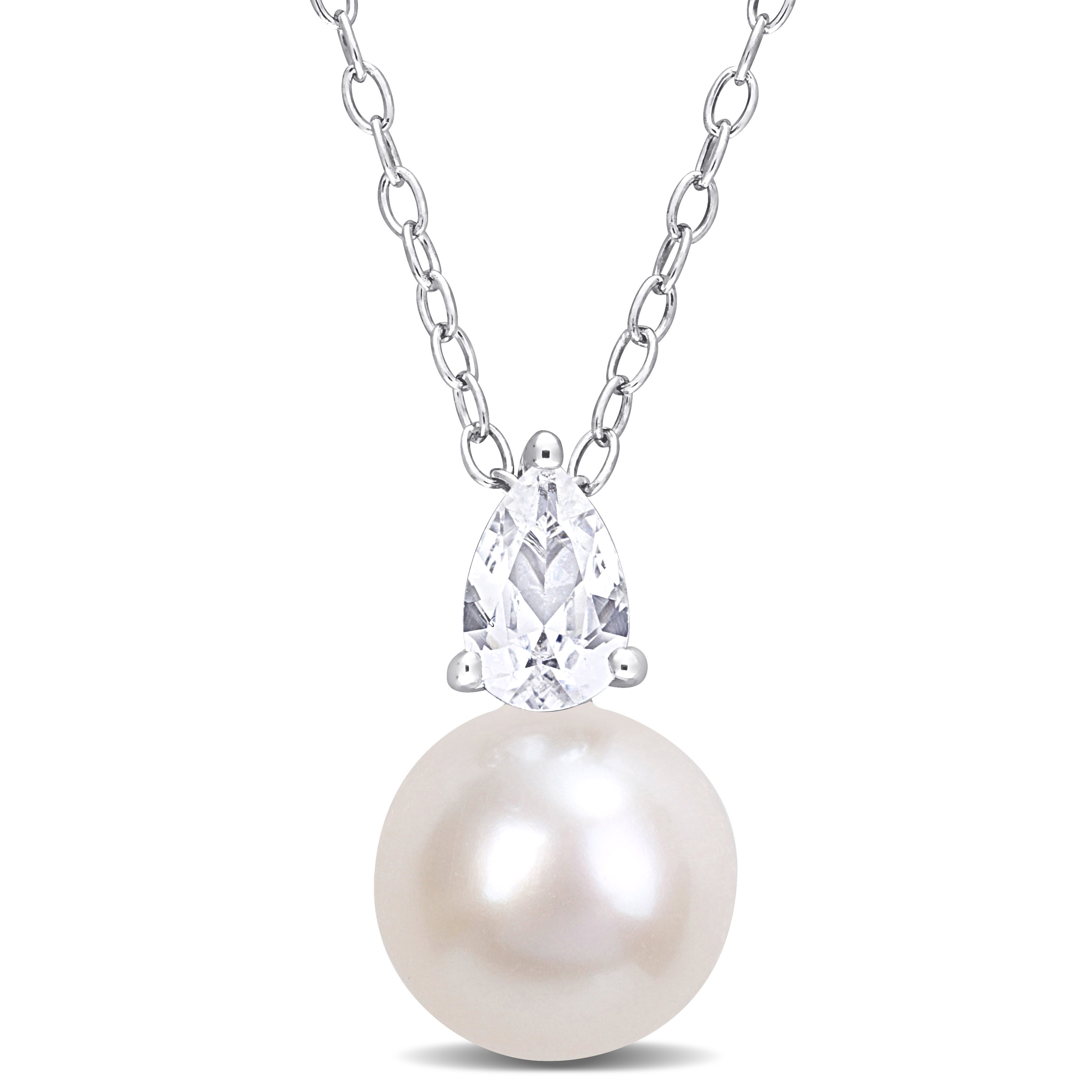 8.5-9 MM White Freshwater Cultured Pearl and 5/8 CT TGW Created White Sapphire Solitaire Pendant with Chain in Sterling Silver
