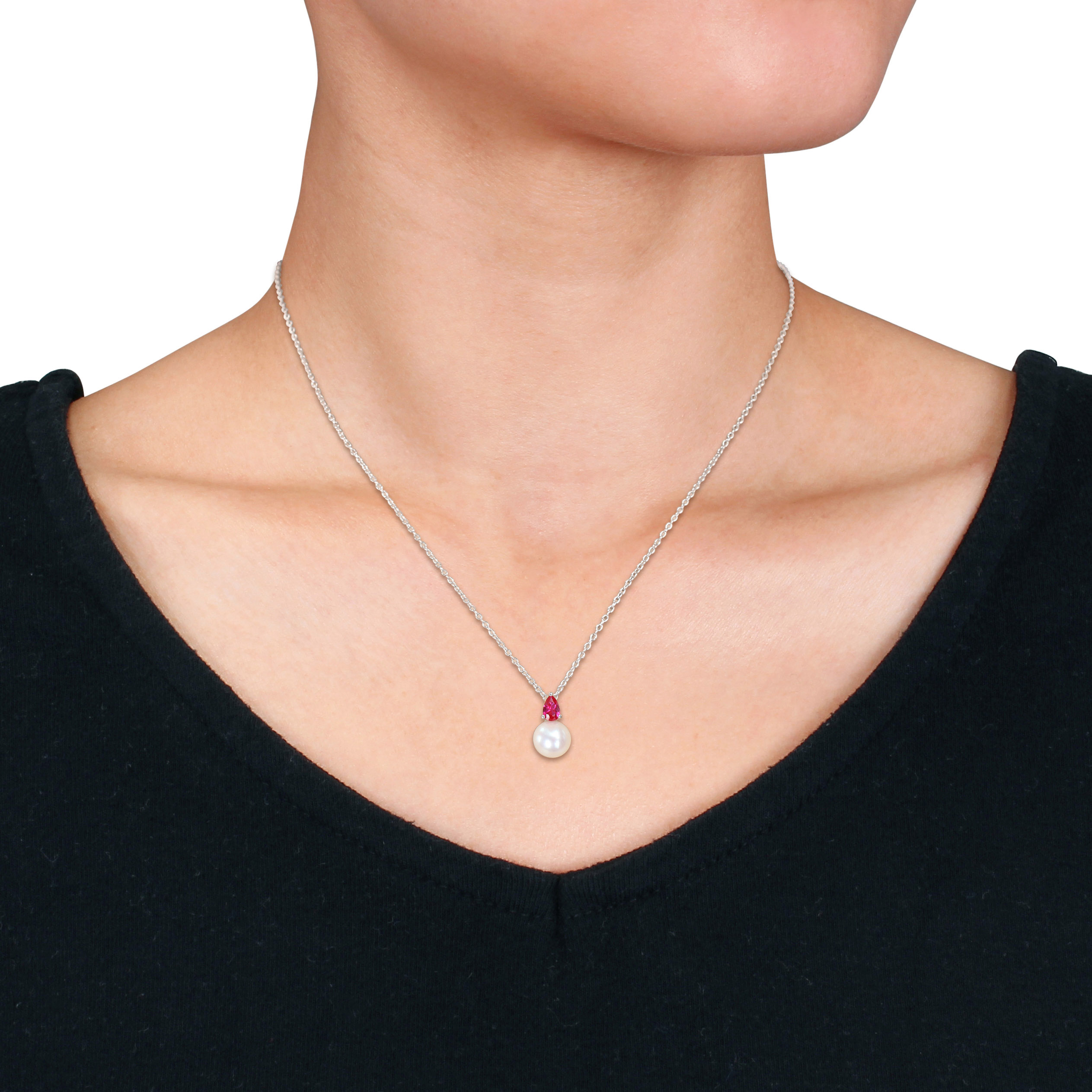 8.5-9mm Cultured Freshwater Pearl and 3/5ct TGW Created Ruby Pendant with Chain Sterling Silver - 18 in