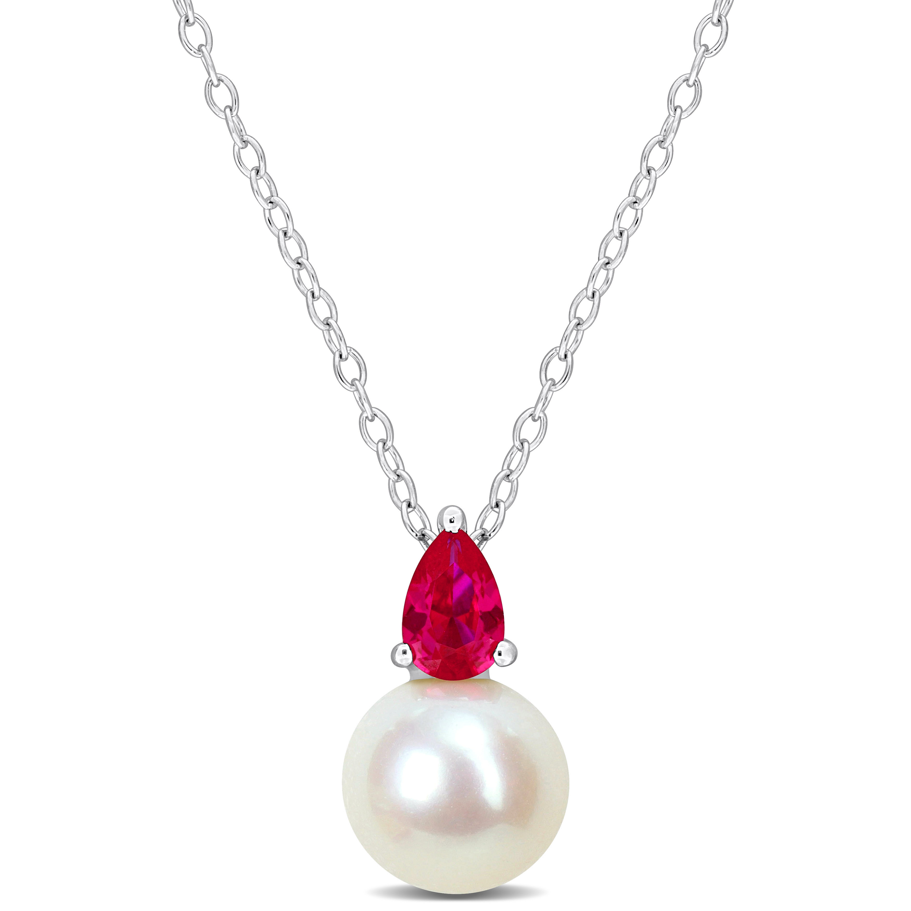 8.5-9mm Cultured Freshwater Pearl and 3/5ct TGW Created Ruby Pendant with Chain Sterling Silver - 18 in