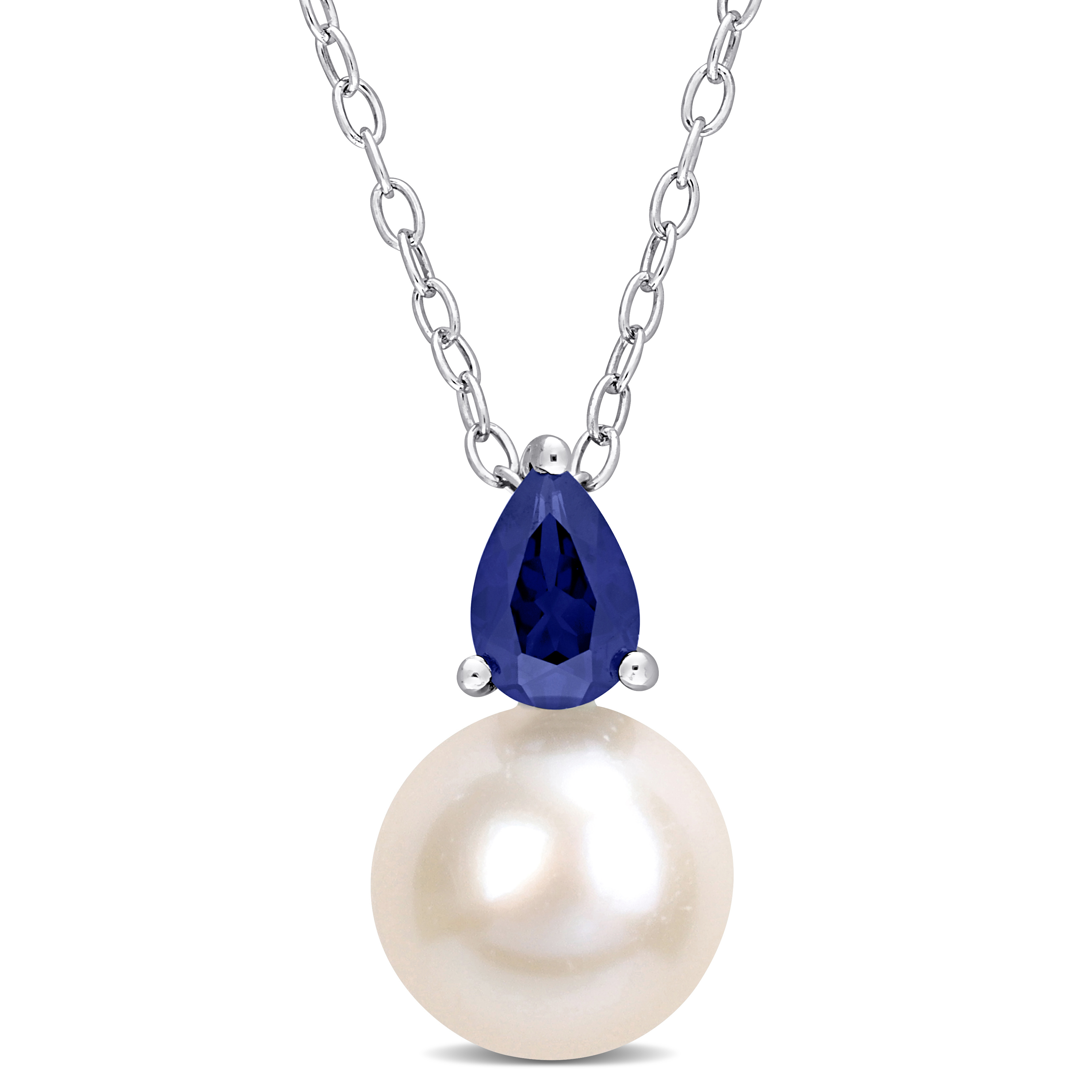 8.5-9 MM White Freshwater Cultured Pearl and 5/8 CT TGW Created Blue Sapphire Solitaire Pendant with Chain in Sterling Silver